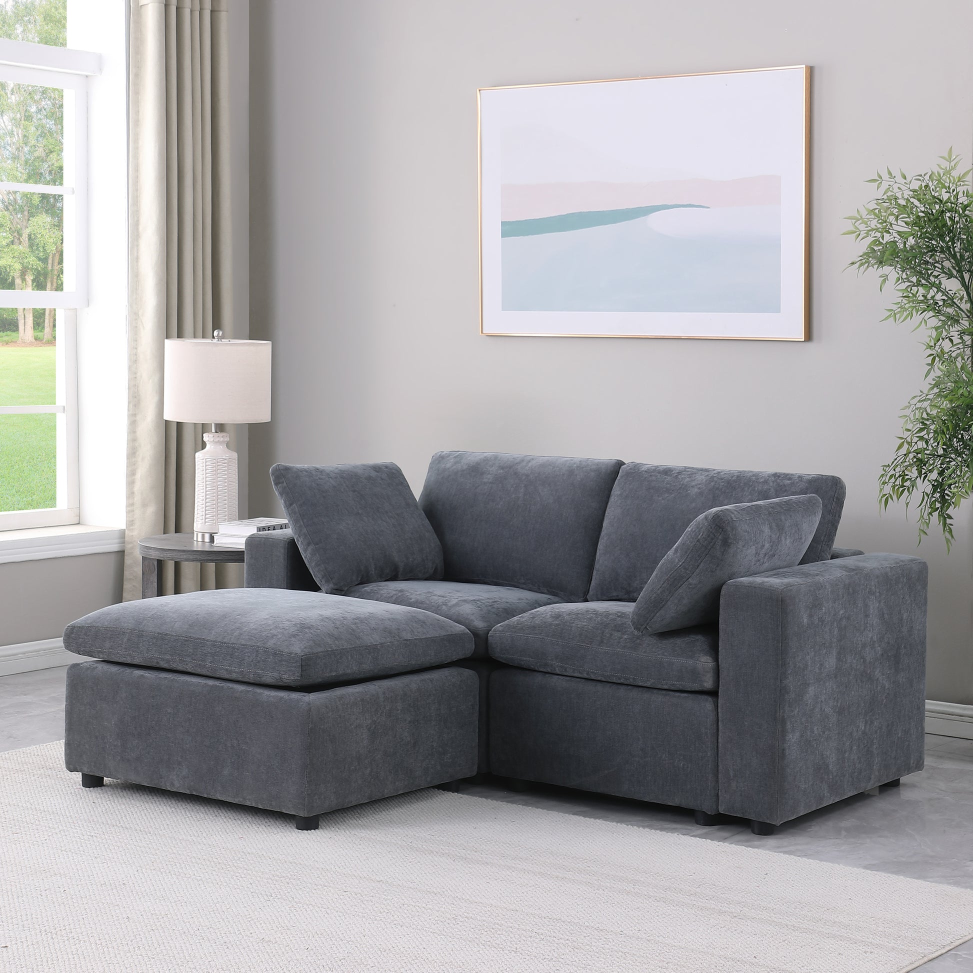 68.5" Loveseat Sofa With Ottoman Modular Sectional Beautiful Seat Couch Small L Shaped Upholstered Couch For Living Room Apartment Small Space, Chenille Grey Grey Fabric 3 Seat