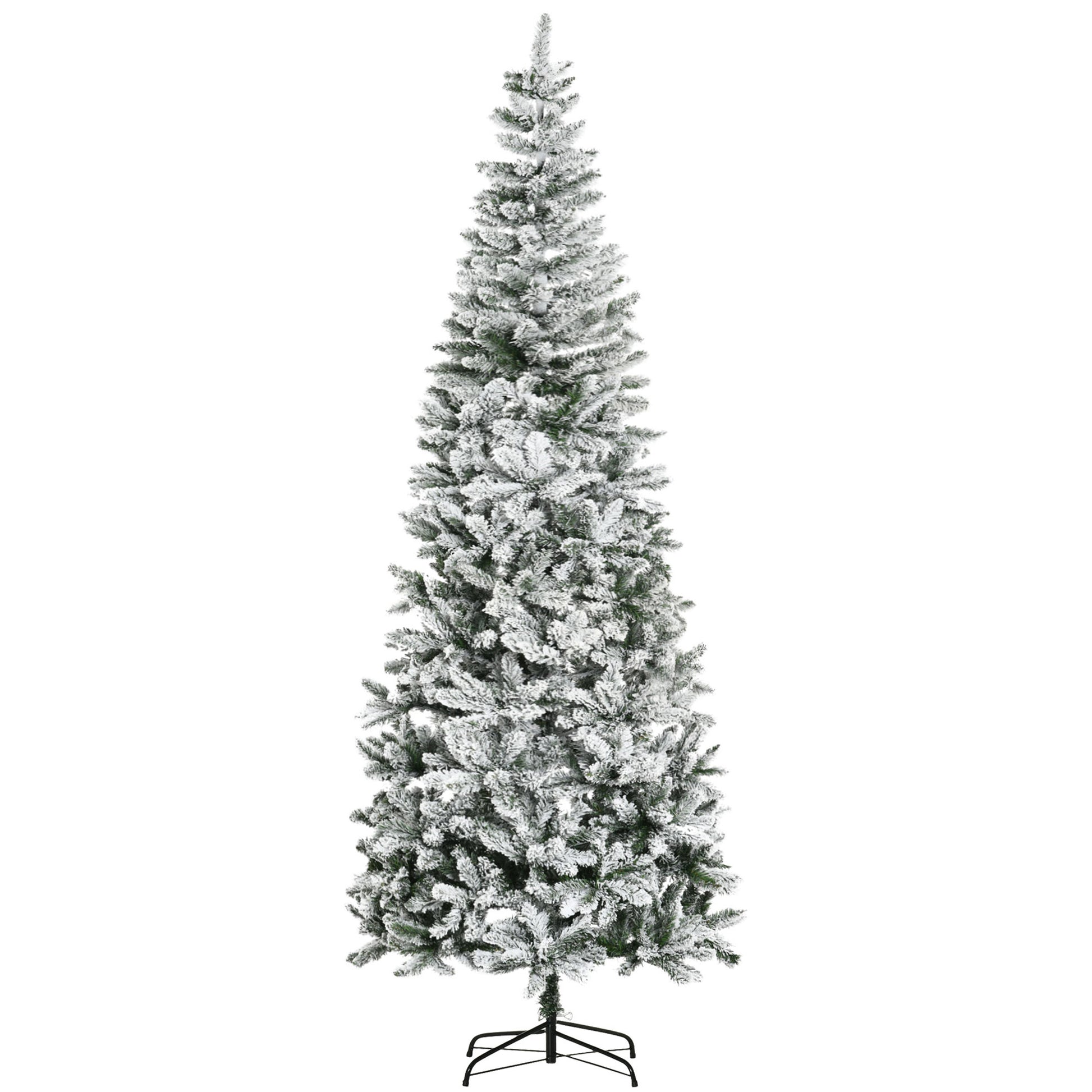 Homcom 9Ft Unlit Snow Flocked Slim Pine Artificial Christmas Tree With Realistic Branches And 1084 Tips Green Plastic