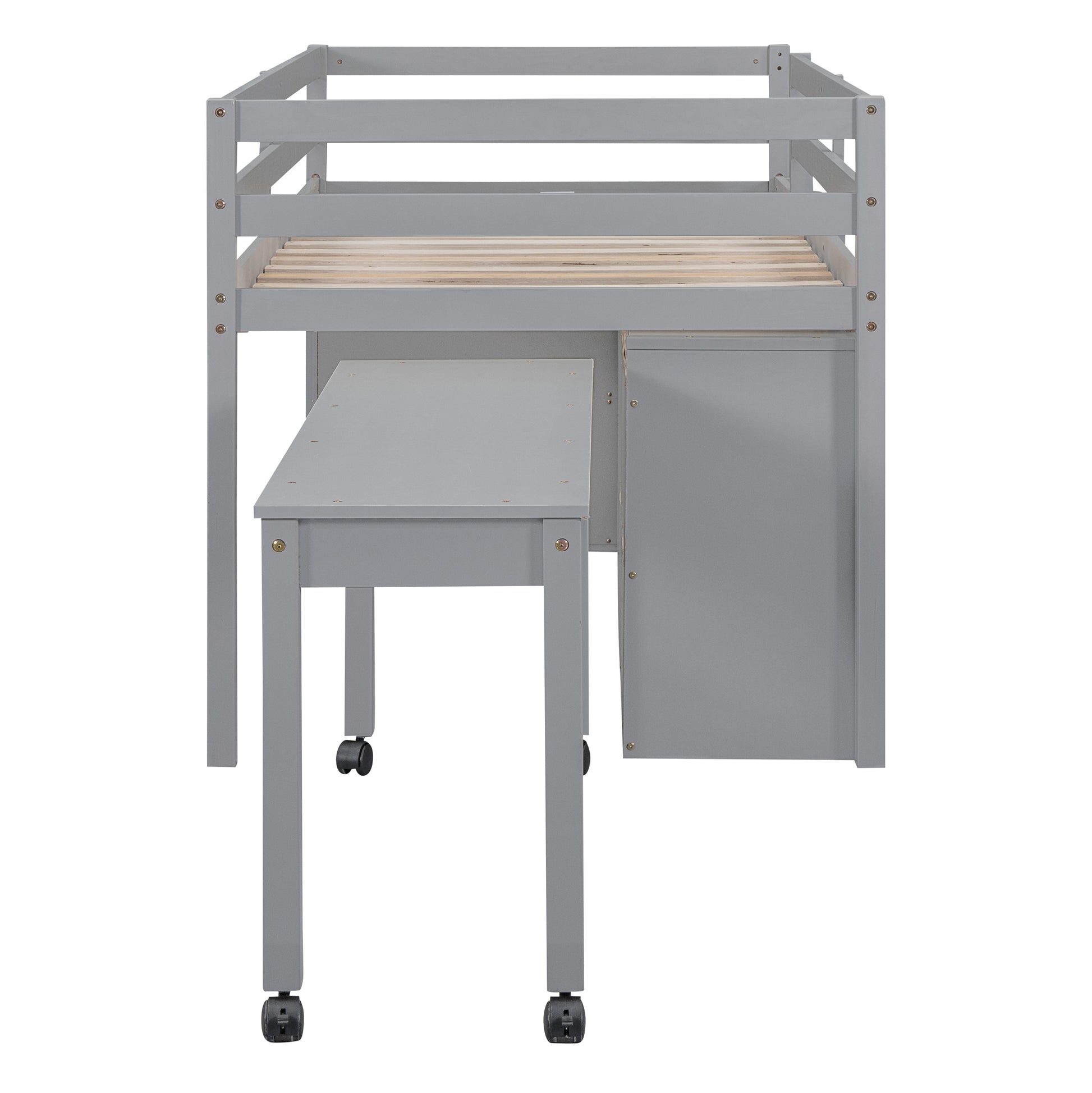 Twin Size Loft Bed With Retractable Writing Desk And 4 Drawers, Wooden Loft Bed With Lateral Portable Desk And Shelves, Gray Gray Solid Wood Mdf