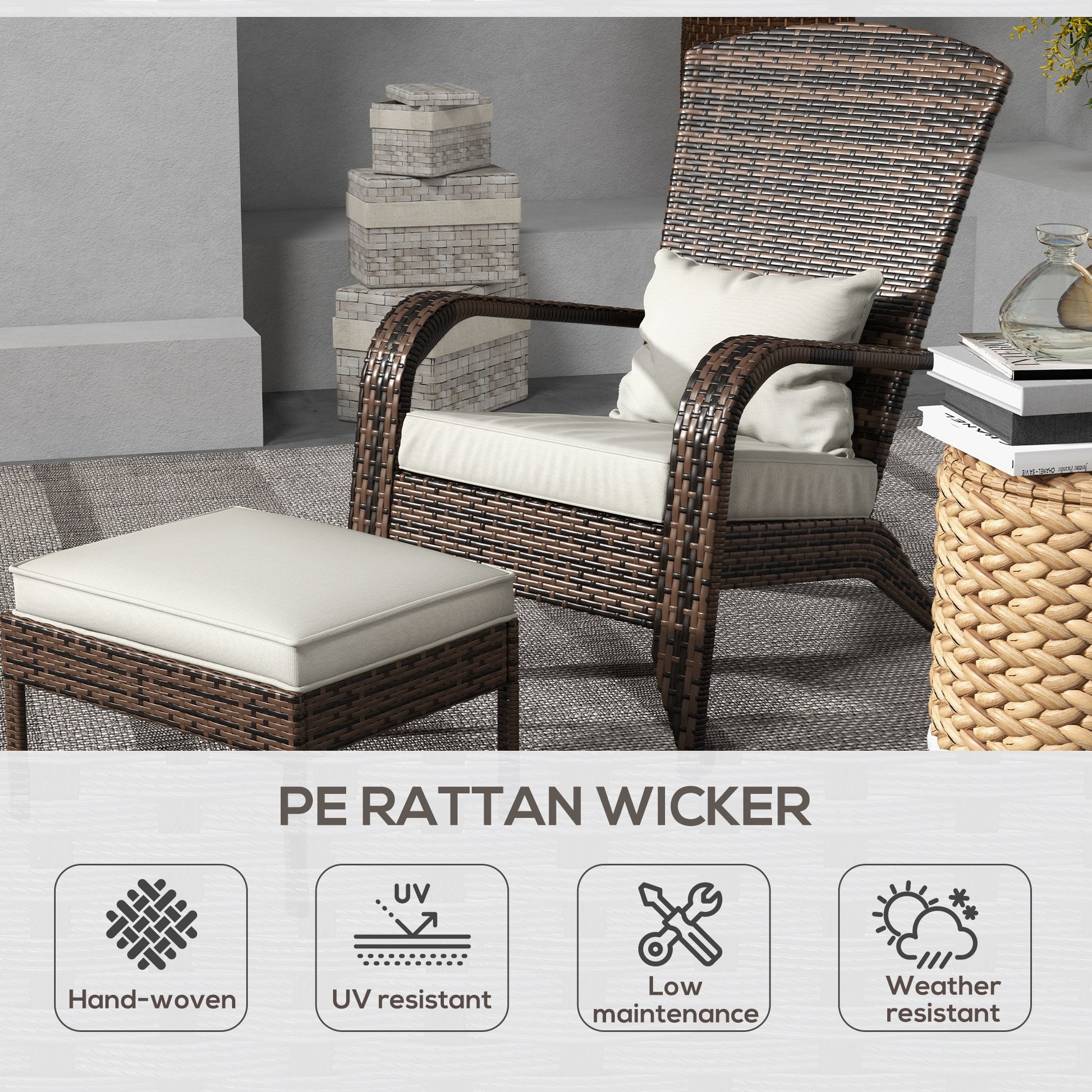 Outsunny Patio Wicker Adirondack Chair With Ottoman, Outdoor Fire Pit Chair With Cushions, High Back, Large Seat & Armrests For Deck, Garden & Backyard, Cream White White Steel