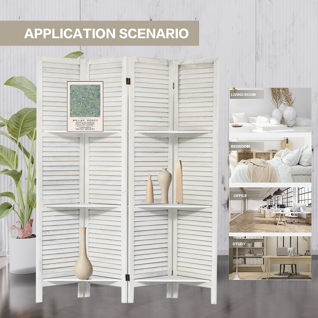 Room Divider 4 Panel, White Room Divider With Shelves, Wall Room Dividers And Folding Privacy Screens, Portable Room Partitions And Dividers For Bedroom, Home Office, Studio White White Modern Wood