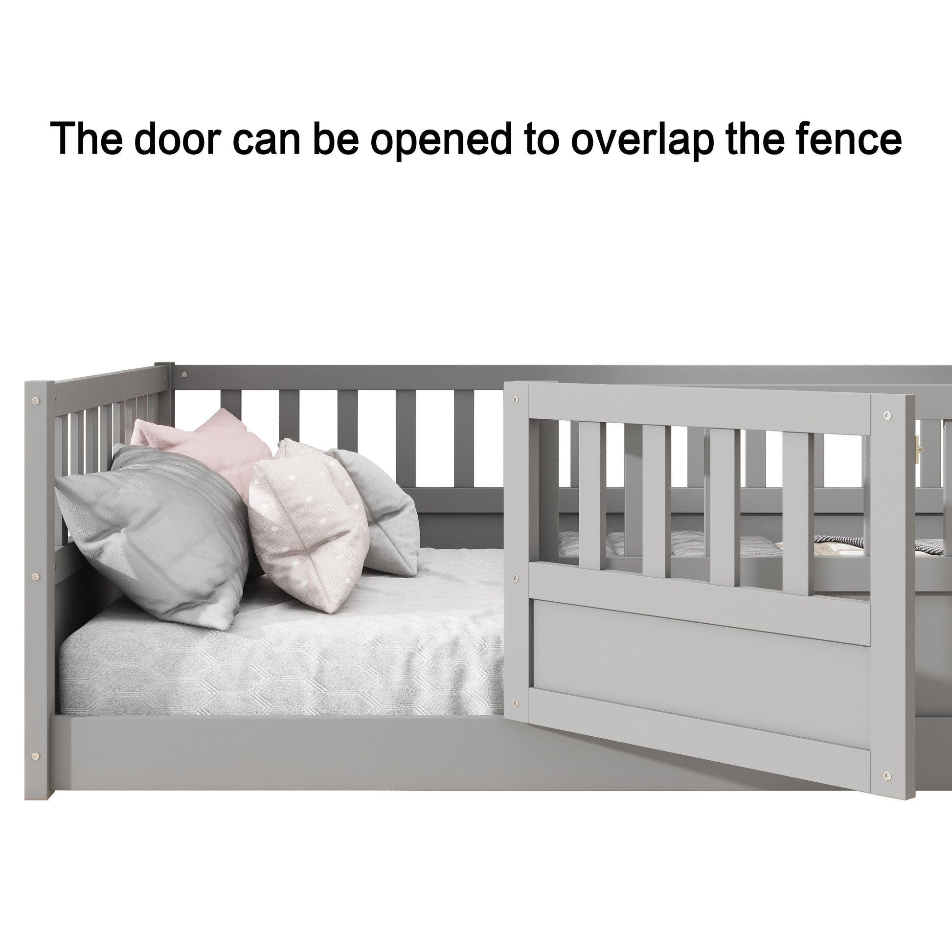 Twin Size Floor Bed, Integral Construction With Super High Security Barrier, Door, Children'S Floor Bed Frame, Montessori Wooden Children'S Floor Bed, Grey Box Spring Required Twin Grey Wood Brown