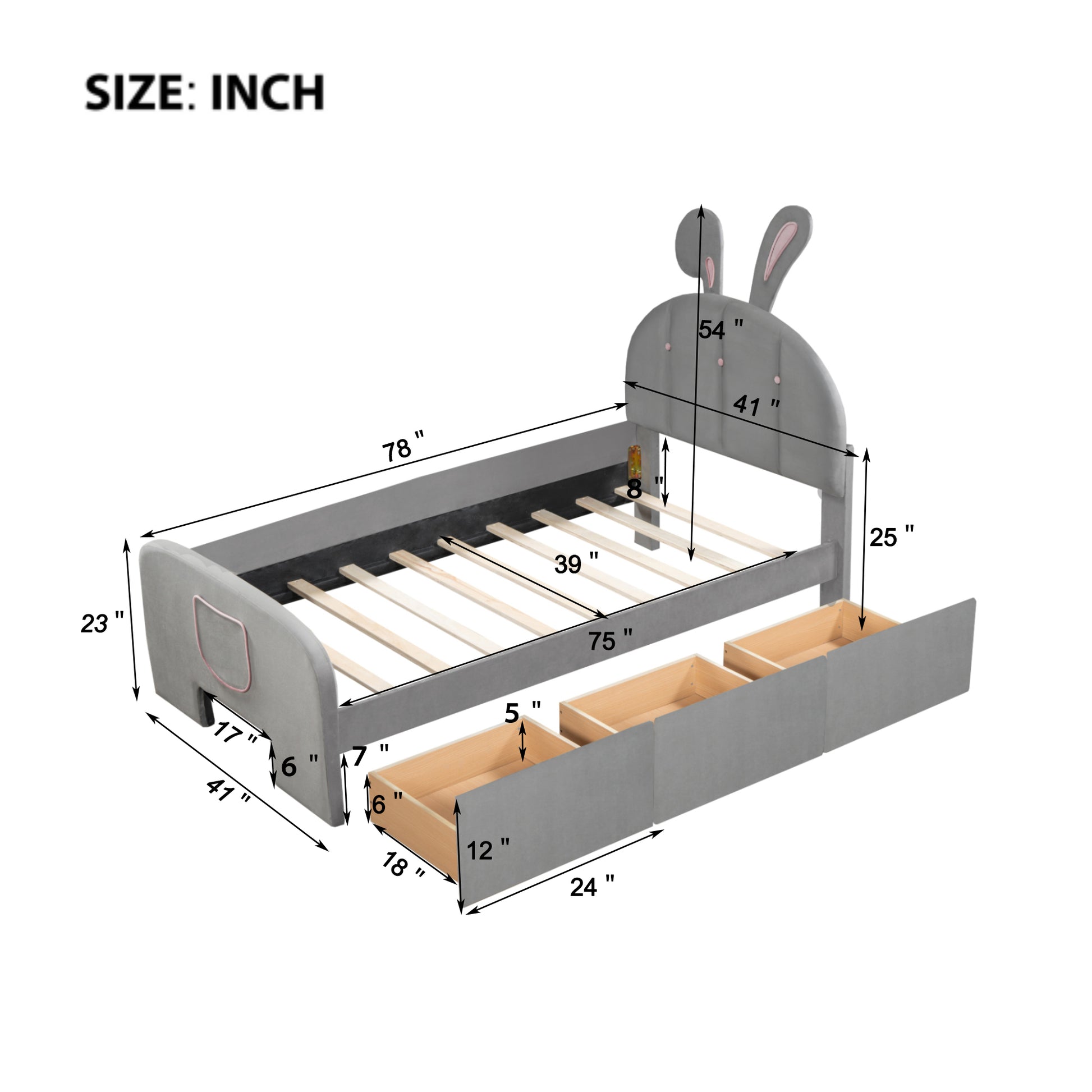 Twin Size Velvet Platform Bed With Rabbit Shaped Headboard, With Drawers, With Bed End Storage Pocket, Gray Twin Gray Plywood