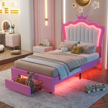 Twin Size Upholstered Bed Frame With Led Lights, Modern Upholstered Princess Bed With Crown Headboard, A Drawer, Pink White Box Spring Not Required Twin Pink White Wood Bedroom Modern Bed Frame Pu