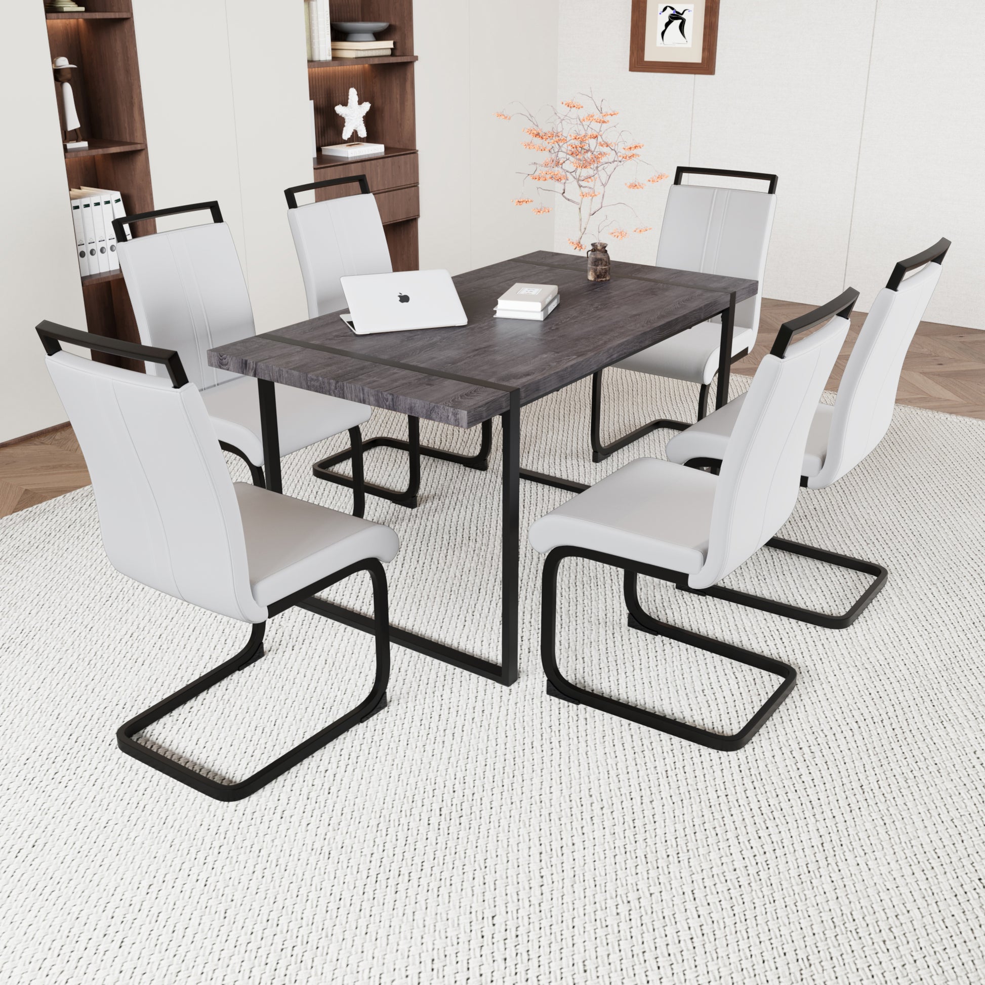 59 "Rural Industrial Rectangular Mdf Black Dining Table Set And Pu Armless Dining Chair Set, 6 Pieces. Kitchen Black Metal Table Leg Dining Chair Set Black White Mdf