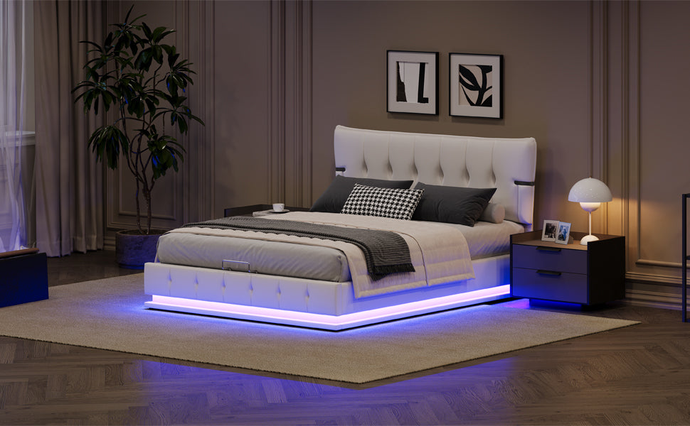 Upholstered Platform Full Size Hydraulic Storage Bed, Lift Up Storage Bed With Rgb Led Light, Pu Leather Headboard And Footboard, No Box Spring Needed, White Full White Wood Metal