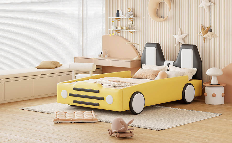 Twin Size Race Car Shaped Platform Bed With Wheels,Yellow Yellow Pu Leather