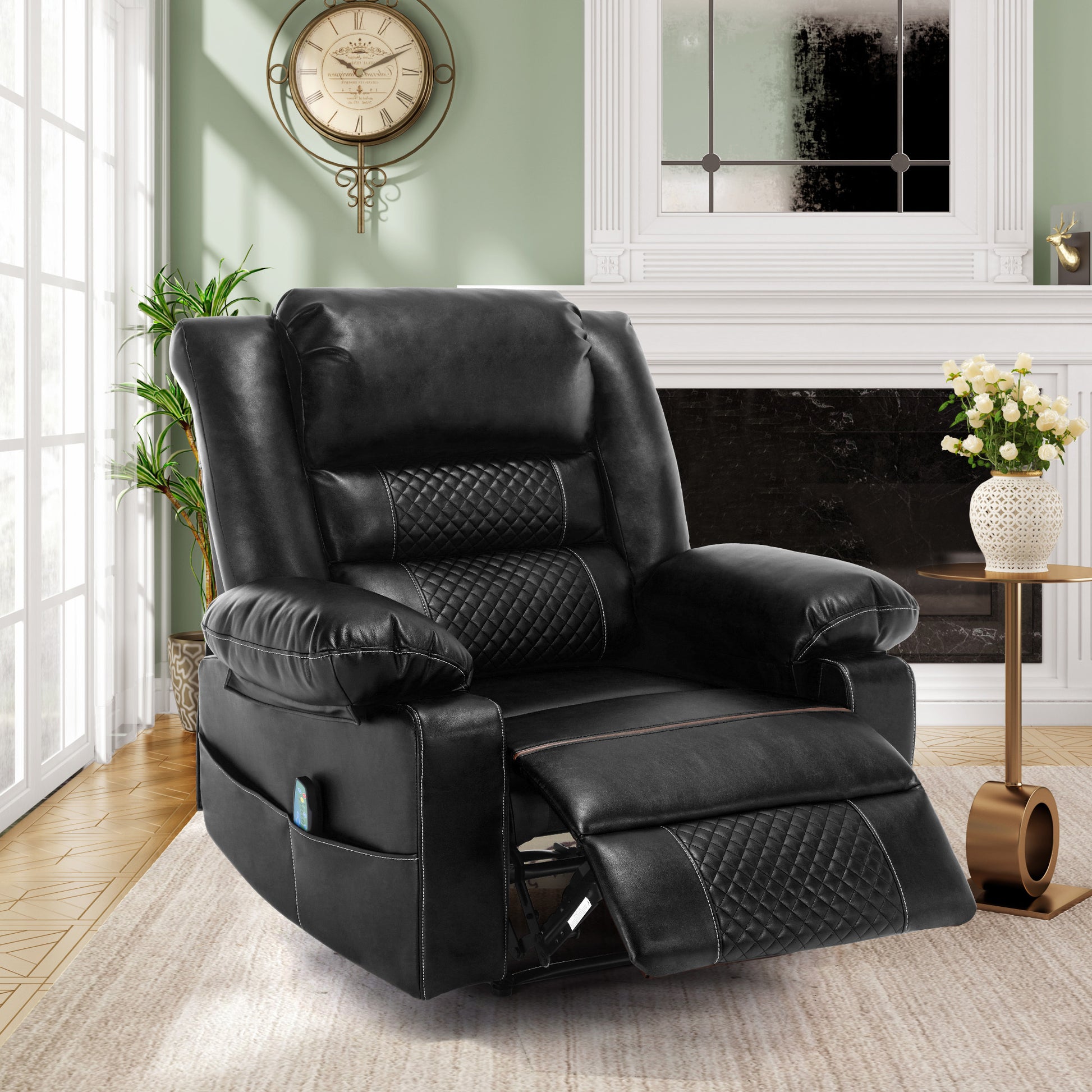 Leather Massage Recliner Chair Manual Living Room Reclining Sofa Black Faux Leather Manual Handle Metal Primary Living Space Soft Cushion Back Heavy Duty American Design,American Traditional,Antique,Classic Pillow Top Arms Foam Pu Leather