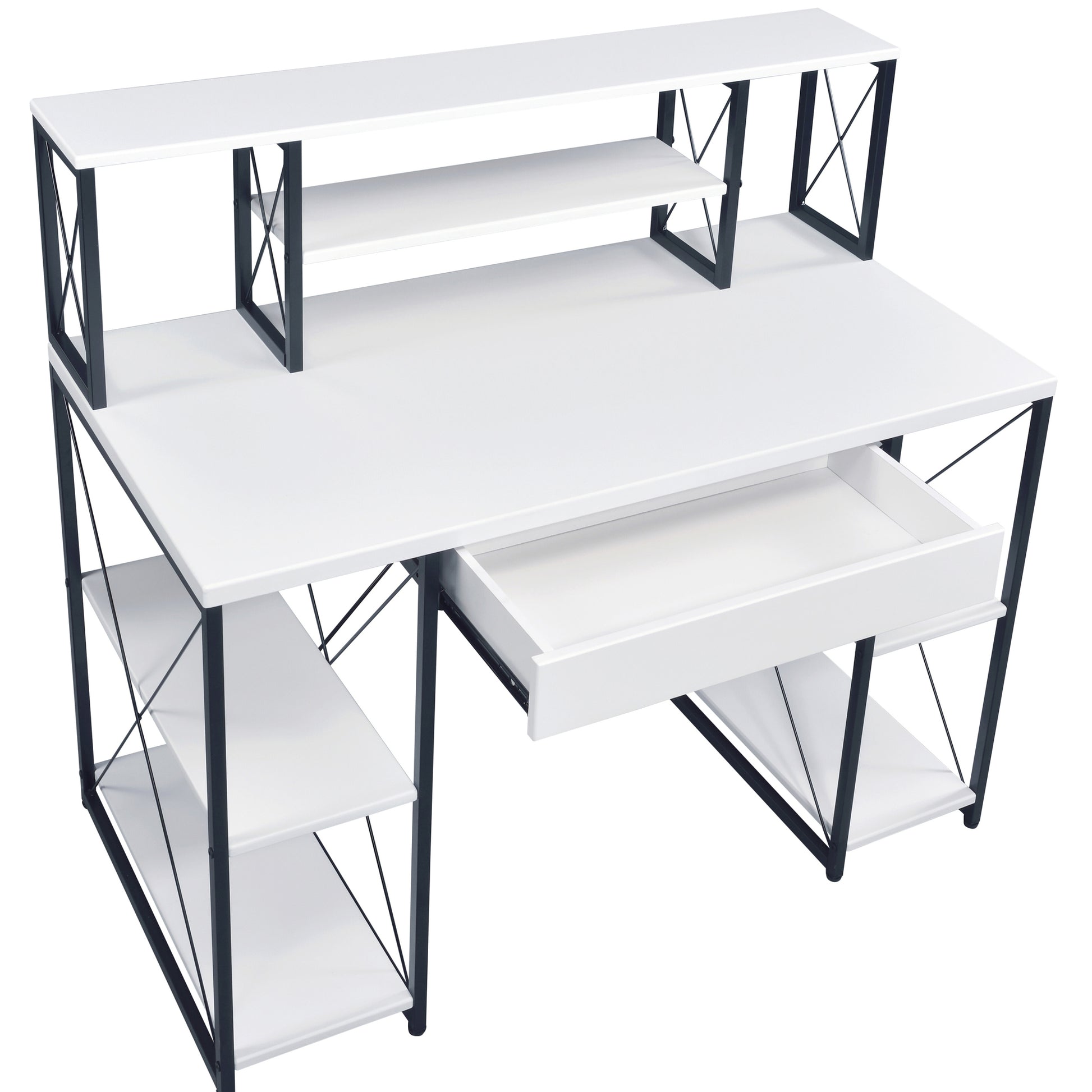 White And Black Office Desk With Open Shelves And Hutch White Black Writting Desk Office Rectangular Shelves Wood Metal Sled