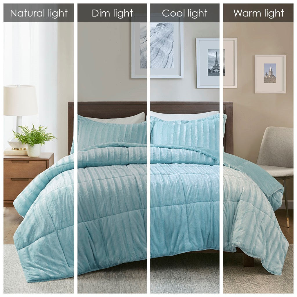 Faux Fur Comforter Mini Set King Teal Blue Polyester