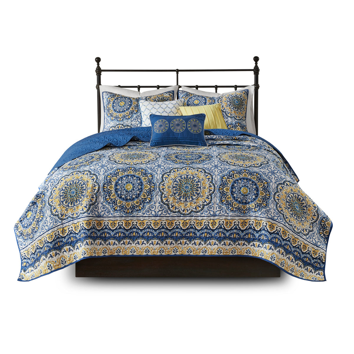 6 Piece Reversible Quilt Set With Throw Pillows Blue King Cal King Blue Cotton