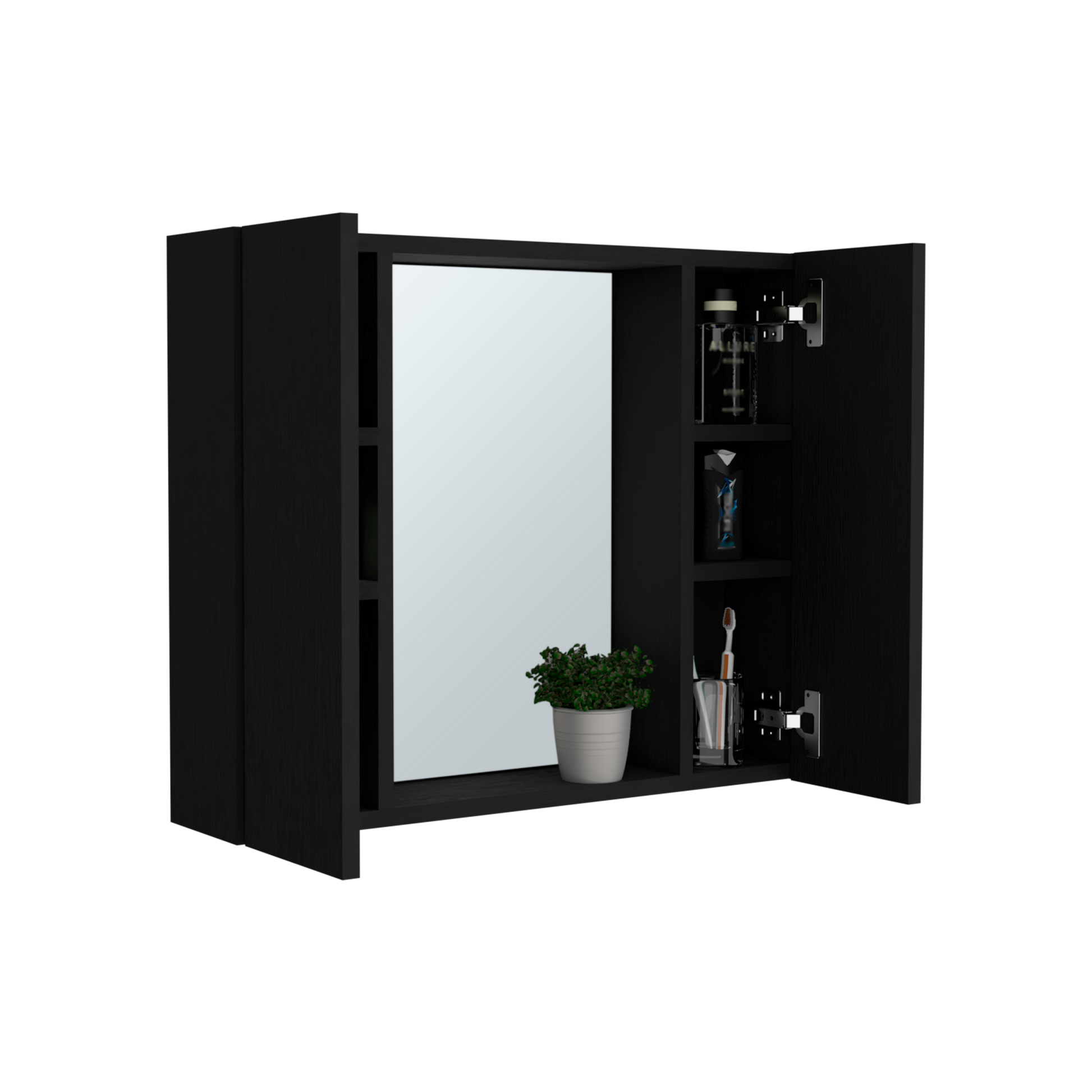 Draco Medicine Cabinet, Mirror, Double Door, One External Shelf Black 2 1 Bathroom Wall Mounted Modern Mdf Engineered Wood