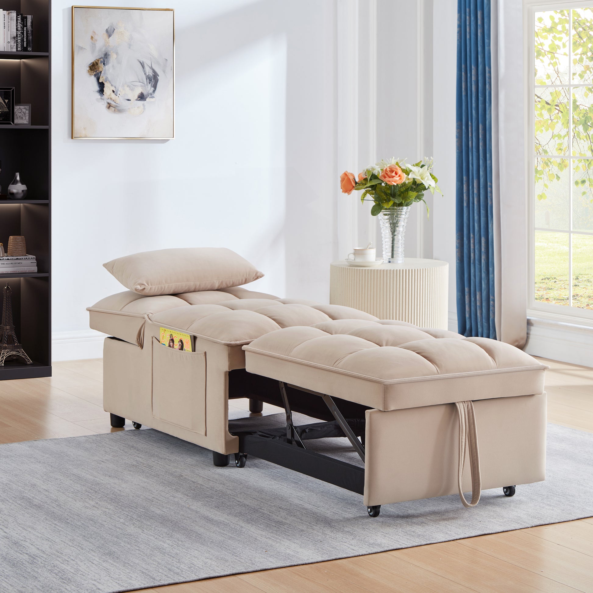 4 In1 Multi Function Single Sofa Bed With Storage Pockets,Tufted Single Pull Out Sofa Bed With Adjustable Backrest And Pillows ,Convertible Chaise Lounge,Taupe Taupe Velvet Metal Primary Living Space American Design Armless Foam Velvet 1 Seat