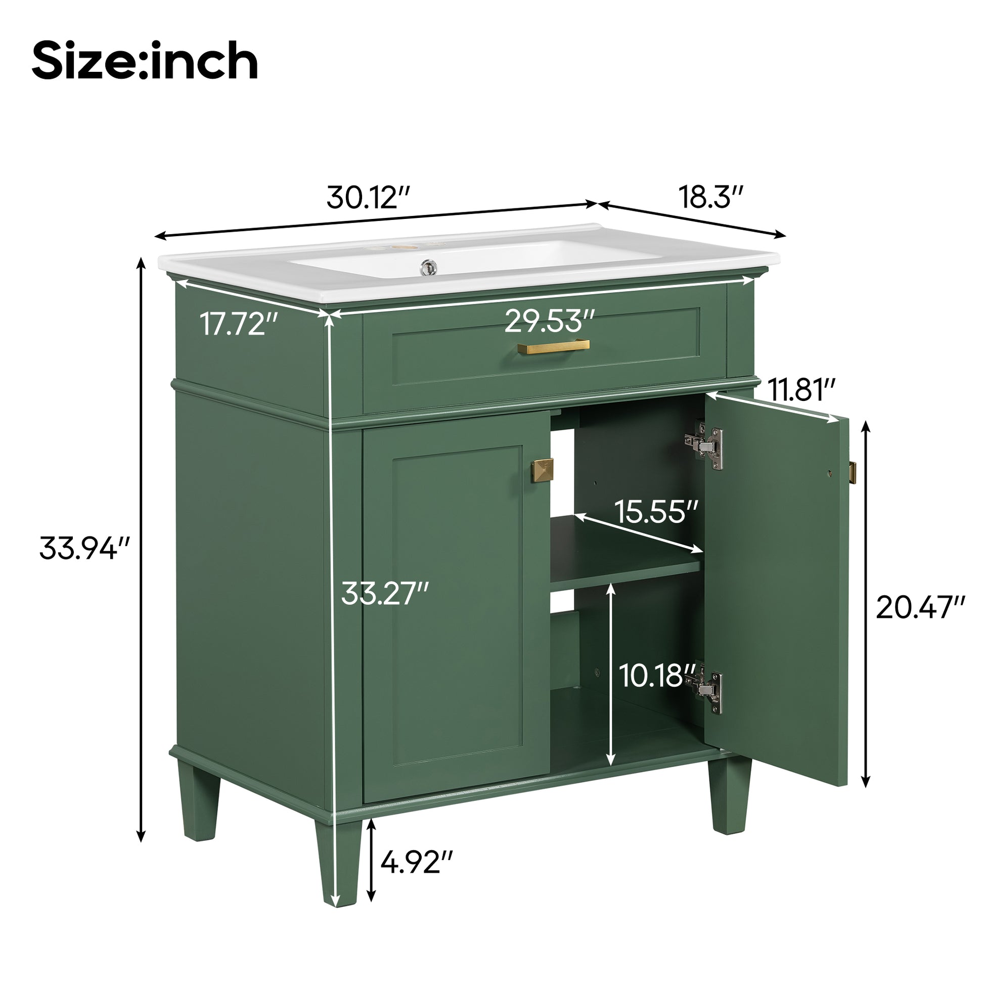 30 Inch Bathroom Vanity With Ceramic Basin, Soft Close Door And Adjustable Shelves Green Bathroom Solid Wood Mdf