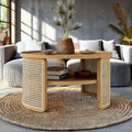 2 Tiered Round Natural Wood Coffee Table With Storage Rattan Base In 31.3'' Natural Rubber Wood