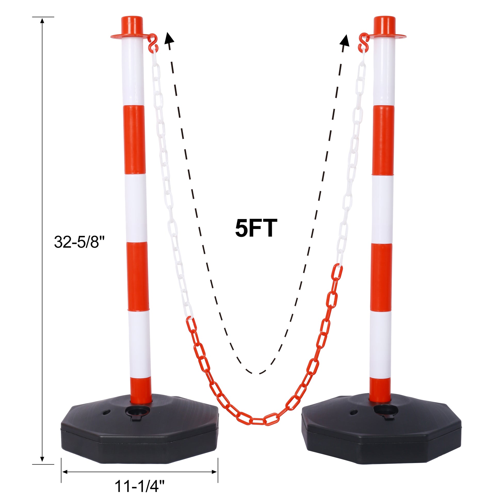 12 Pack Traffic Delineator Post Cones With Fillable Base, Adjustable Plastic Safety Barrier With 5Ft Plastic Chain, Outdoor And Indoor Crowd Control Stanchion For Traffic Control And Warning W R White Red Plastic