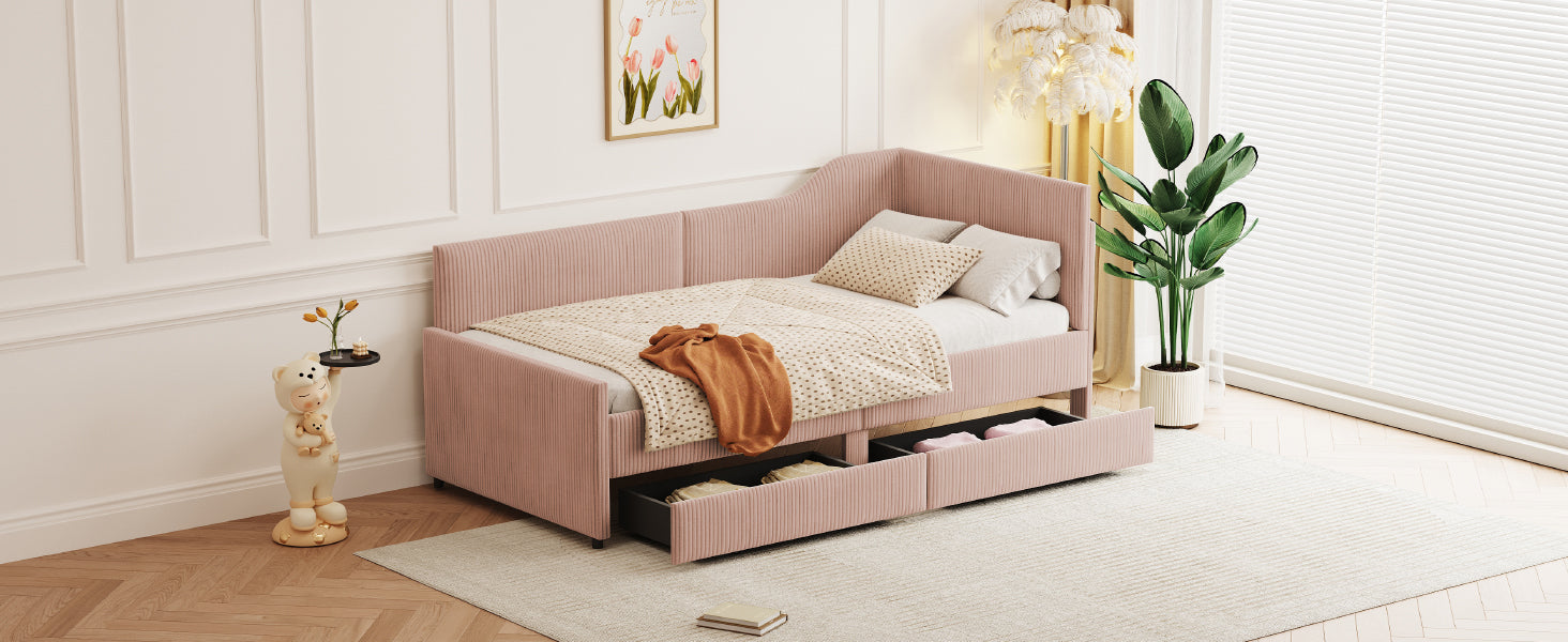 Twin Size L Shaped Corduroy Daybed,Upholstered Bed Frame With 2 Storage Drawers,Pink Twin Pink Wood Fabric