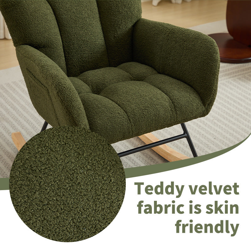 Modern Nursery Rocking Chair Upholstered Glider Chair With High Backrest Rocker Accent Armchair With Solid Wood Legs For Nursery Bedroom Living Room Teddy Dark Green Dark Green Teddy