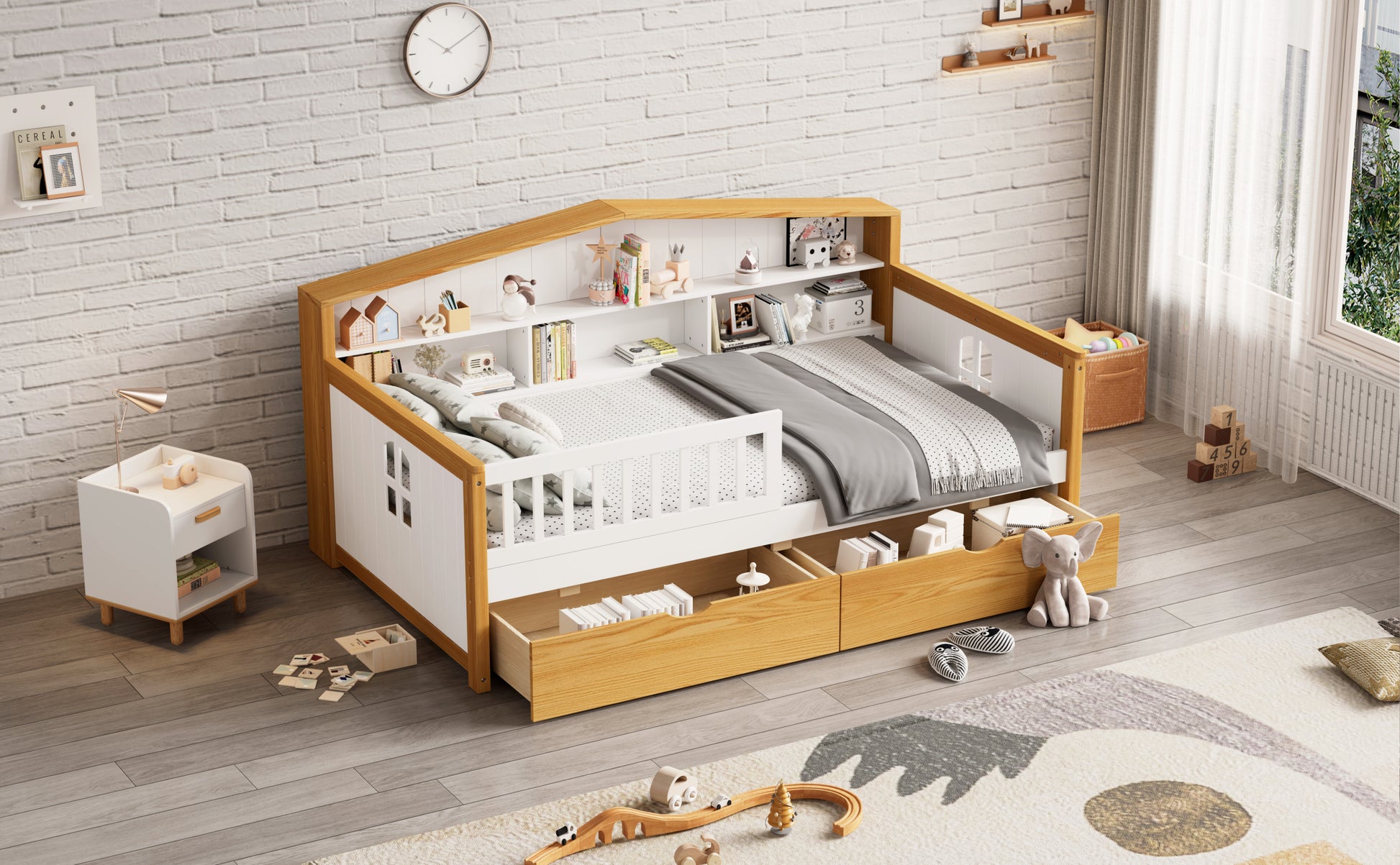 Twin Size House Shape Bed With Two Drawers And Bookcase Headboard Wooden Bed For Girls Boys Teens, No Box Spring Needed, Walnut And White Box Spring Not Required Twin White Walnut Wood Bedroom Cute Pine Bed Frame Wood