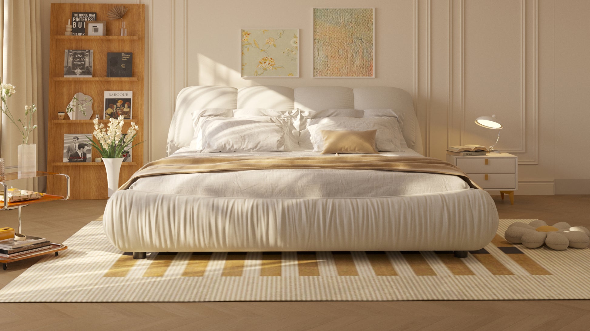 King Size Luxury Upholstered Platform Bed With Oversized Padded Backrest And Solid Wood Frame,Suitable For Multiple Heights Of Mattresses,Beige Old Sku:W1885S00015 Box Spring Not Required King Beige Wood Pine Solid Wood