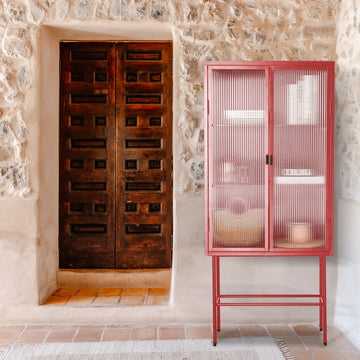 Retro Style Red Tall Freestanding Display Cupboard Stylish Fluted Glass Storage Cabinet With Glass Doors Three Detachable Shelves Bottom Space For Office Dining Room Living Room Old Sku:W68751710 Red Steel