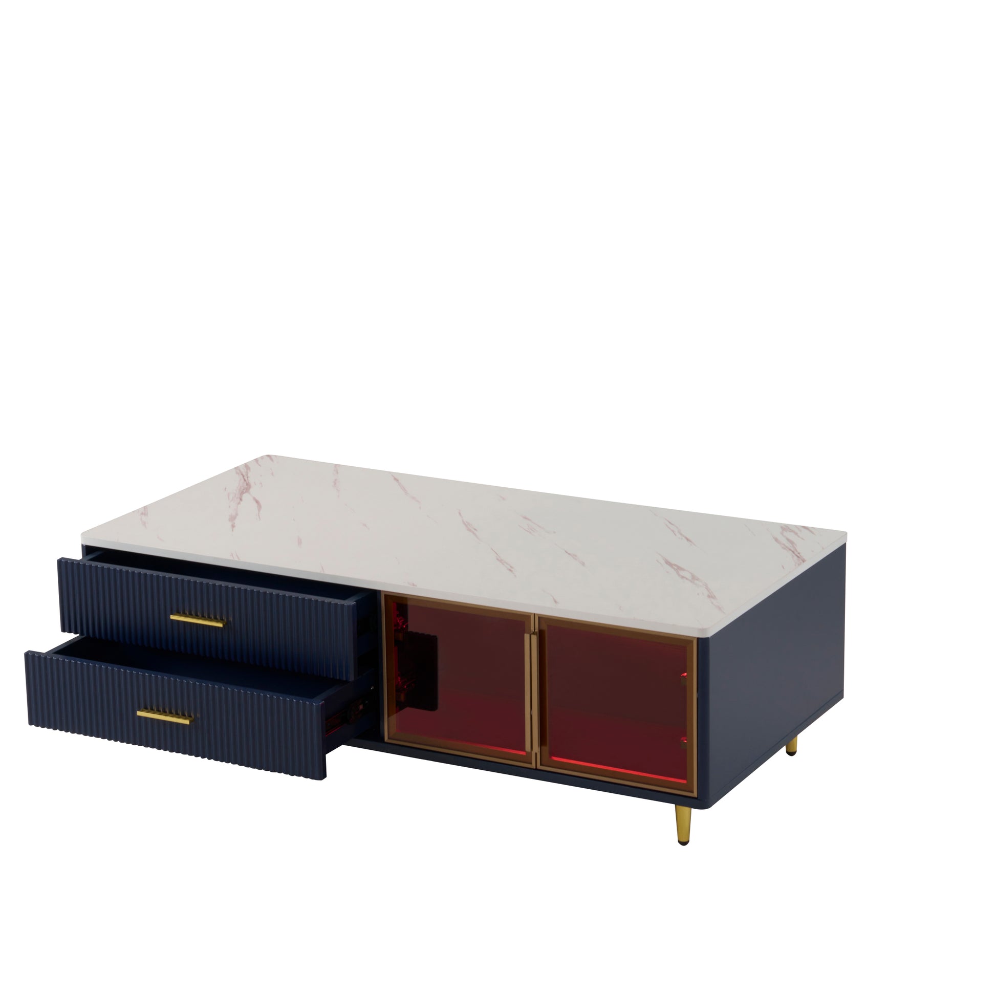Modern Navy Blue Coffee Table With 2 Glass Door Storage, 4 Drawers, Gold Metal Legs, And Multi Color Lighting In 47.2'' Navy Blue Drawers Mdf