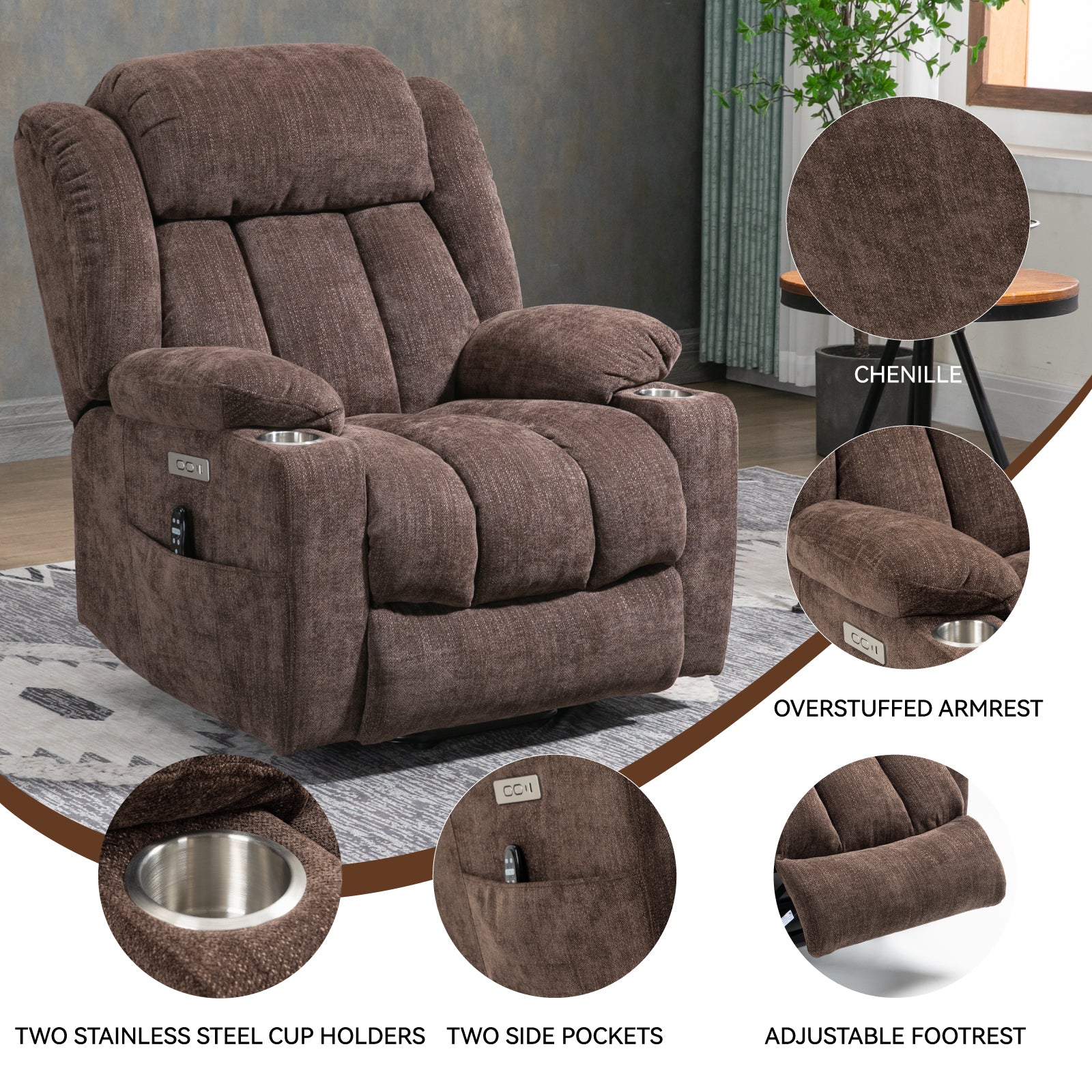 Up To 350 Lbs Chenille Power Lift Recliner Chair, Heavy Duty Motion Mechanism With 8 Point Vibration Massage And Lumbar Heating, Usb And Type C Ports, Stainless Steel Cup Holders, Brown White Metal Primary Living Space Heavy Duty Pine Brown Chenille