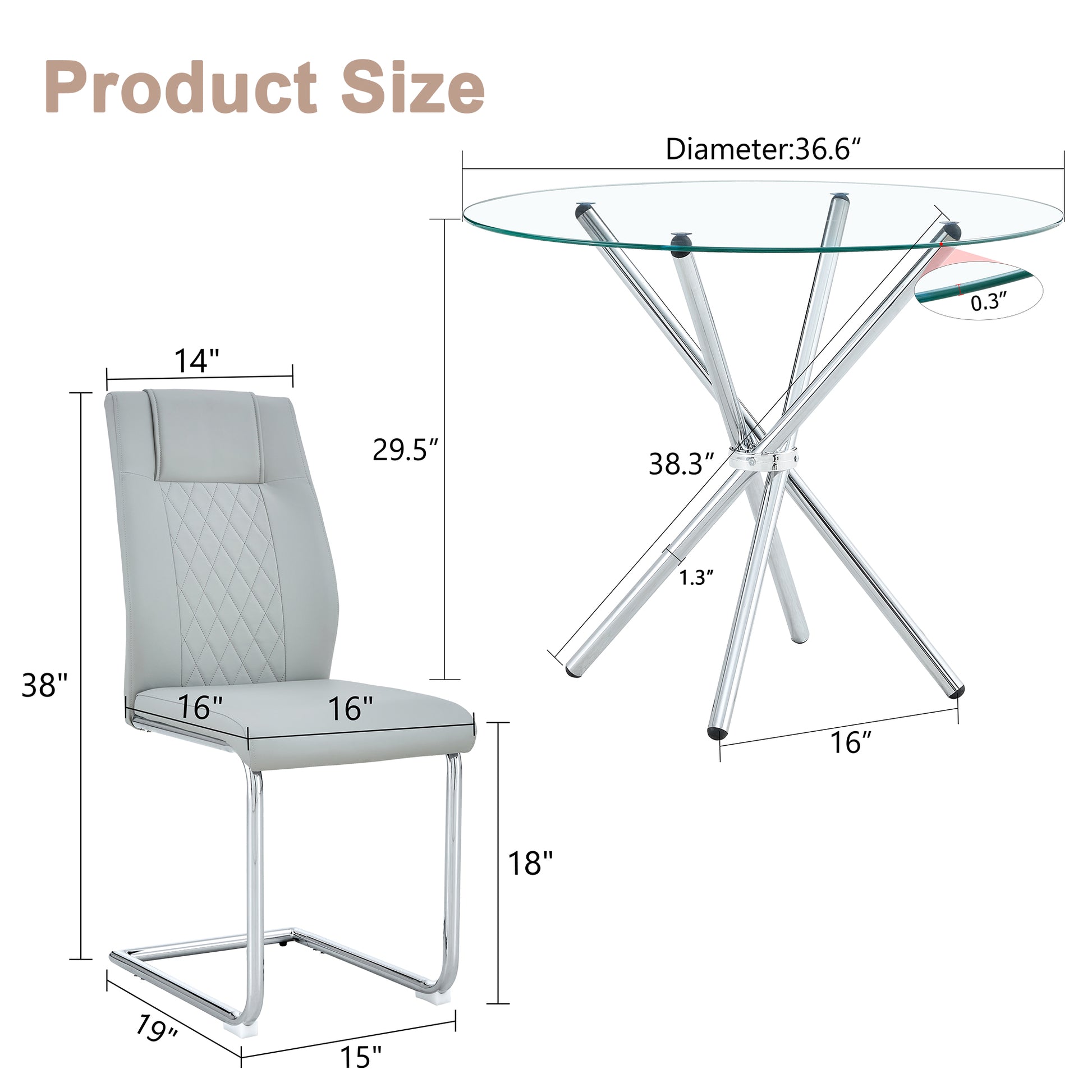 Table And Chair Set.36.6"Round Clear Glass Dining Table With A Unique Shape With Ring Shaped Gathered Silver Metal Legs.Paired With 4 Light Gray High Quality Pu Dining Chairs With Silver Metal Legs.