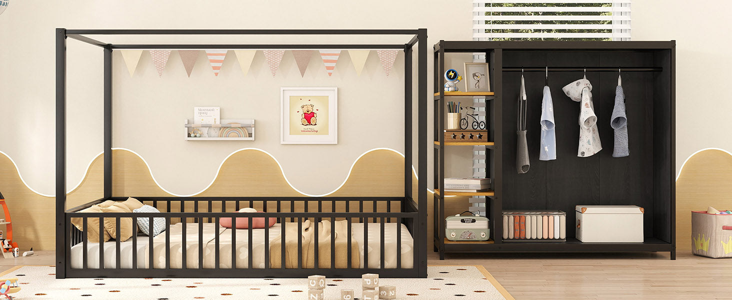Full Size Floor Bed Frame With Wardrobe, Metal Floor Bed With Storage Shelves, Black Full Black Metal