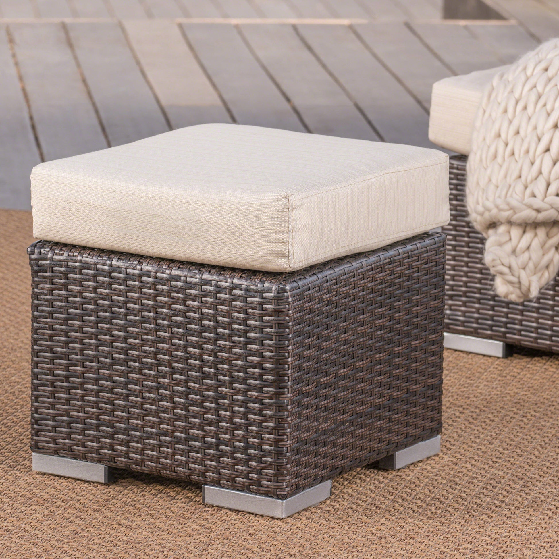 Santa Rosa 16" Ottoman Multi Brown Beige Pe Rattan Iron Waterproof Fabric