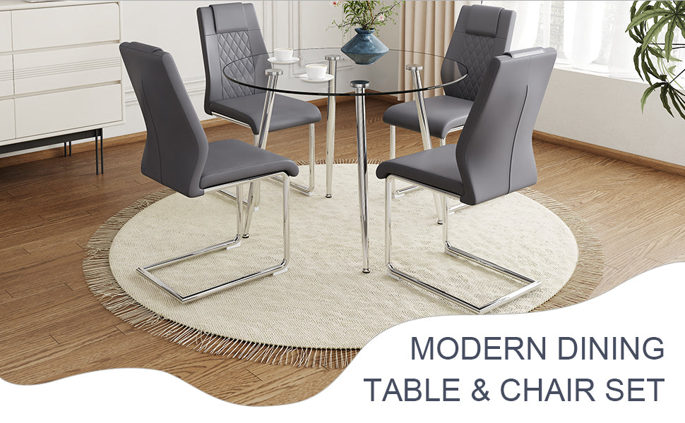 Table And Chair Set.A Modern Minimalist Round Dining Table With Transparent Tempered Glass Top And Silver Metal Legs,And 4 Chairs With Pu Backrest And Seat Cushion And Silver C Tube Metal Legs. Dark Gray,Transparent Seats 4 Glass Metal