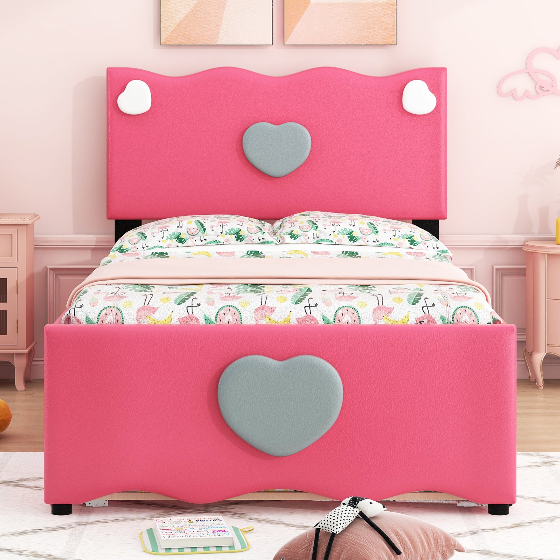 Twin Size Upholstered Platform Bed With Trundle And Heart Shaped Decoration, Dark Pink Box Spring Not Required Twin Dark Pink Wood Bedroom Bed Frame Faux Leather Upholstered