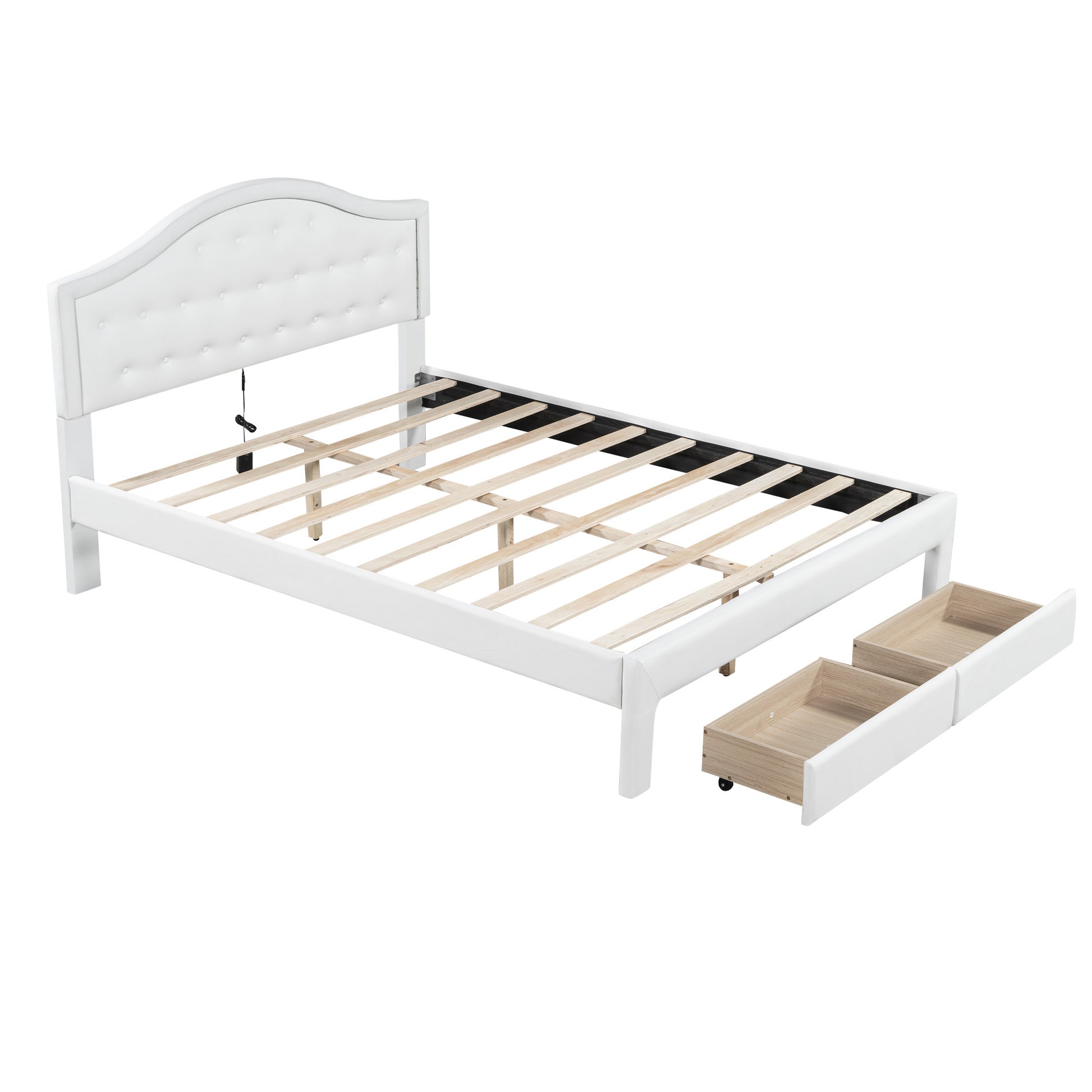 Queen Size Upholstered Platform Bed With Tufted Headboard, Led And 2 Drawers, White Box Spring Not Required Queen White Wood Bathroom Bed Frame Faux Leather Upholstered