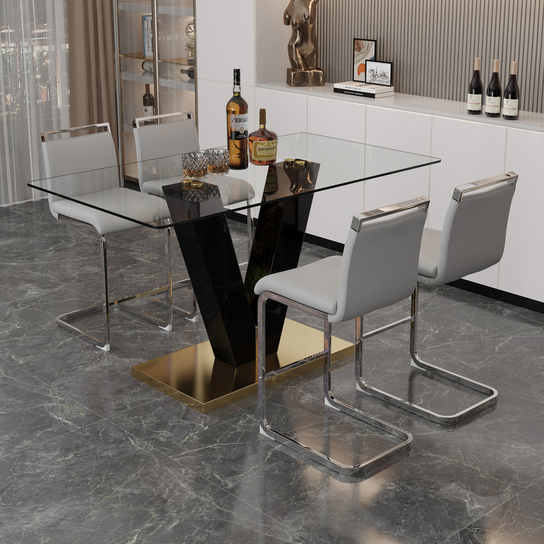 Table And Chair Set. A Rectangular Glass Dining Table With A 0.4 Inch Tempered Glass Tabletop And Mdf Board V Shaped Bracket, Paired With Chairs Consisting Of Pu Seat Cushions And Silver Metal Legs. Black Gray Seats 4 Tempered Glass