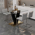Table And Chair Set. A Rectangular Glass Dining Table With A 0.4 Inch Tempered Glass Tabletop And Mdf Board V Shaped Bracket, Paired With Chairs Consisting Of Pu Seat Cushions And Silver Metal Legs. Black Gray Seats 4 Tempered Glass