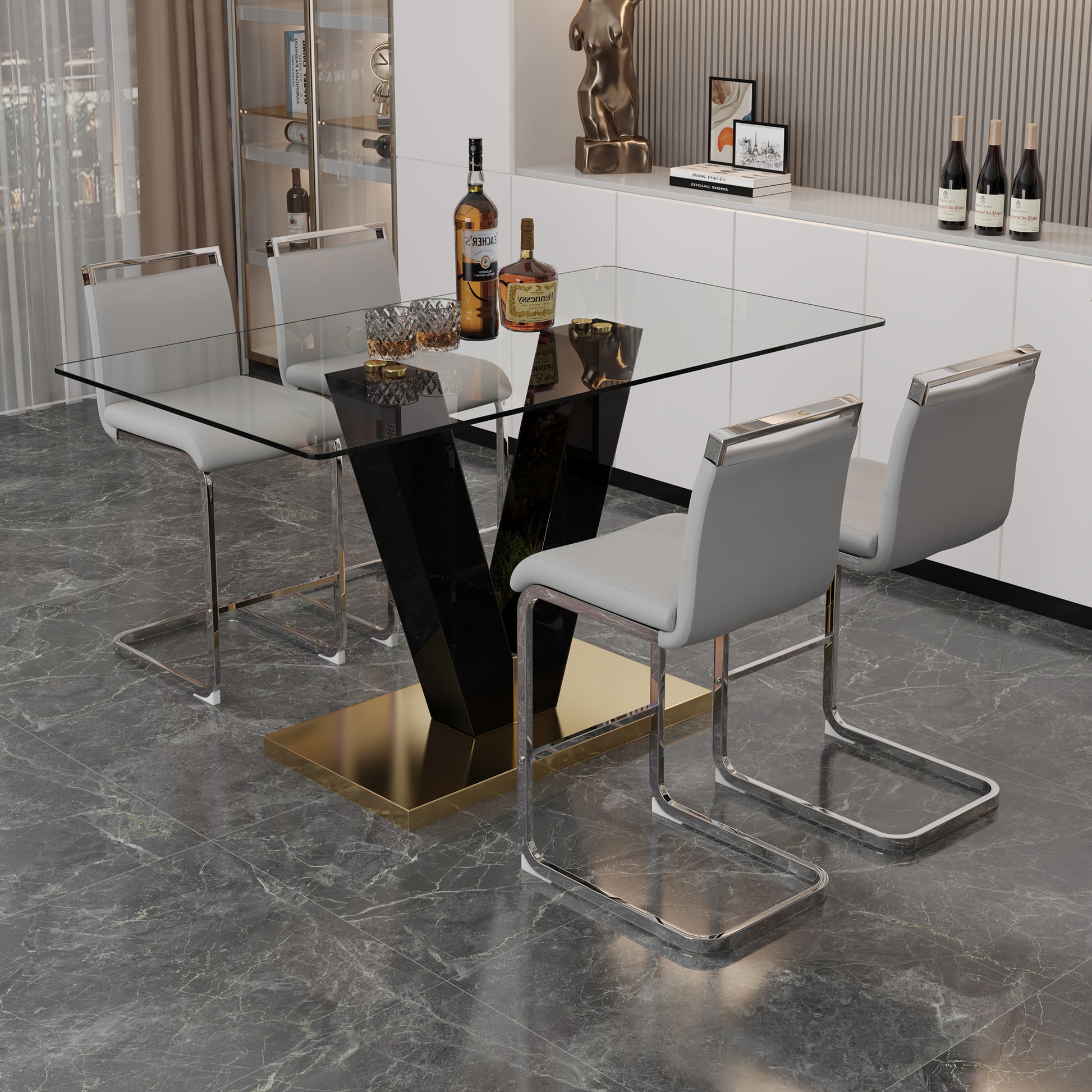 Table And Chair Set. A Rectangular Glass Dining Table With A 0.4 Inch Tempered Glass Tabletop And Mdf Board V Shaped Bracket, Paired With Chairs Consisting Of Pu Seat Cushions And Silver Metal Legs. Black Gray Seats 4 Tempered Glass