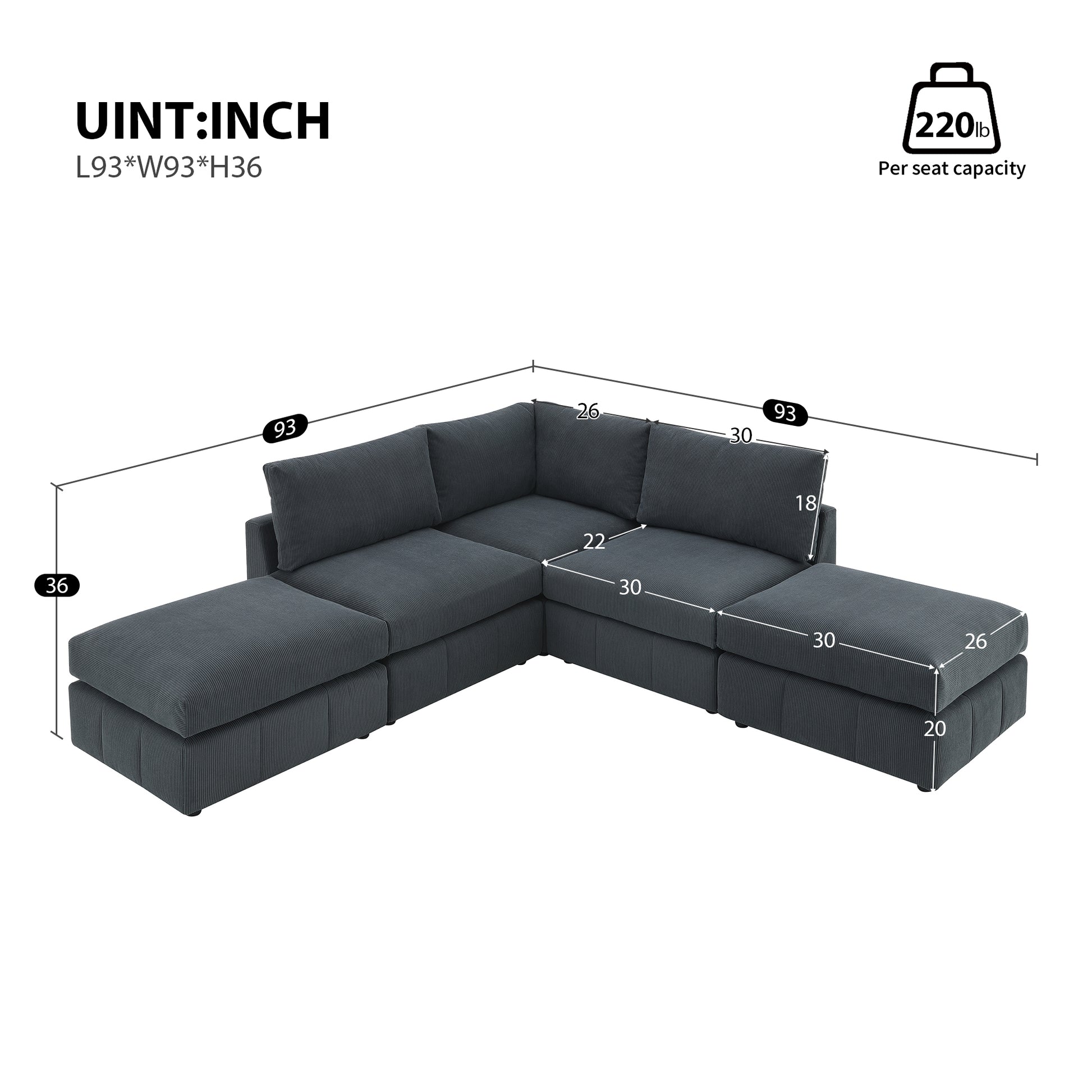 93"Modern Sectional Sofa With Vertical Stripes,5 Seat Armless Couch Set With Convertible Ottomans,Various Combinations,L Shape Indoor Furniture For Living Room,Apartment, 2 Colors Dark Grey Corduroy 5 Seat