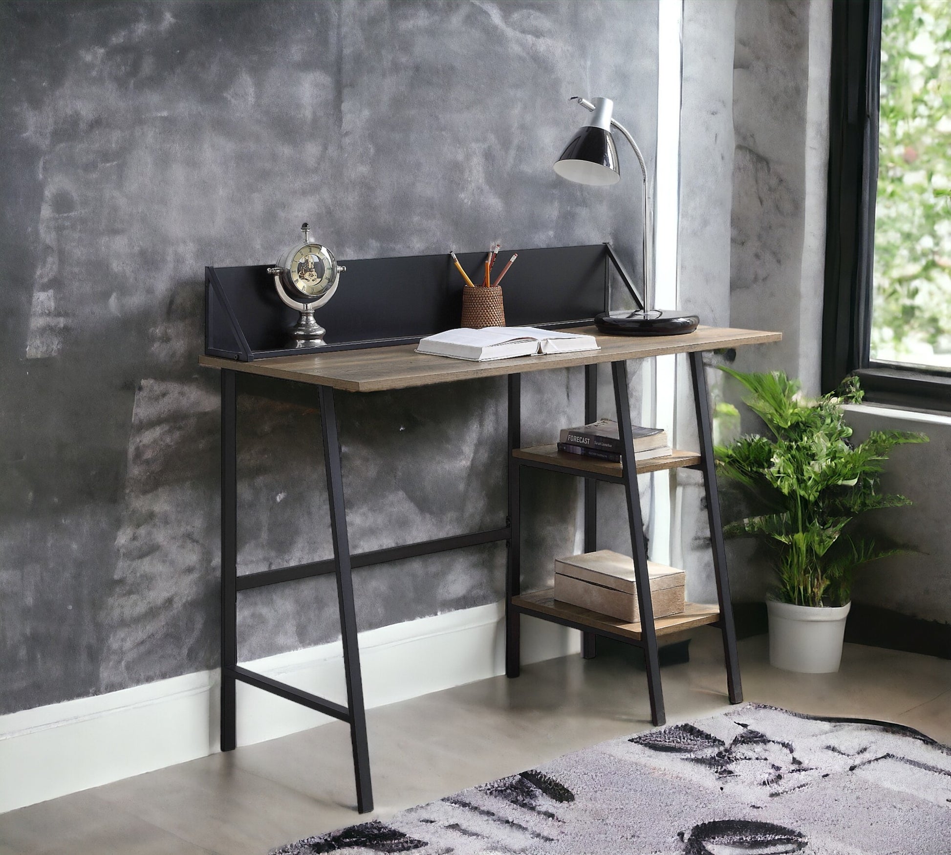 Garima Writing Desk, Rustic Oak & Black Finish Of00321 Black Mdf Metal