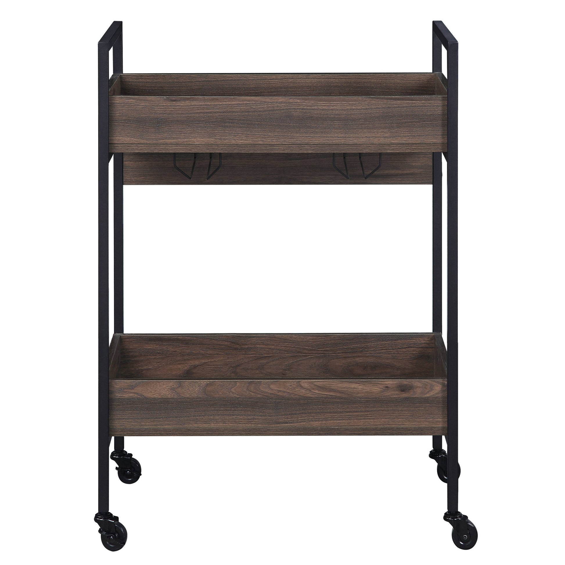 Walnut And Black Serving Cart With 2 Shelves Brown Black Dining Room Rectangular Kitchen Carts Wood Metal