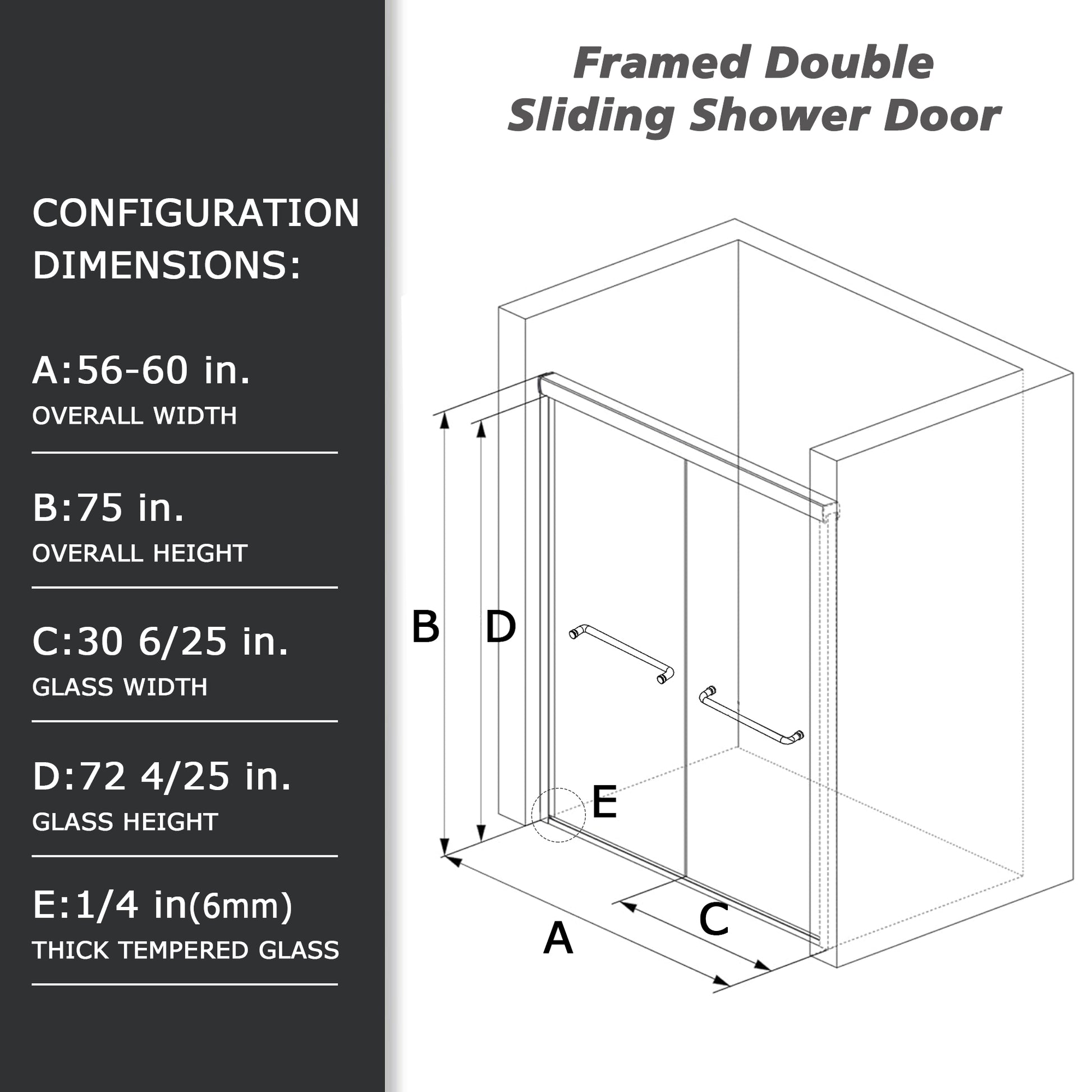 Framed Sliding Shower Door 56" 60"W X 75"H, Bypass Double Sliding Glass Door With 1 4" 6Mm Clear Glass, Brushed Nickel Finish Brushed Nickel Bathroom American Design Glass Metal