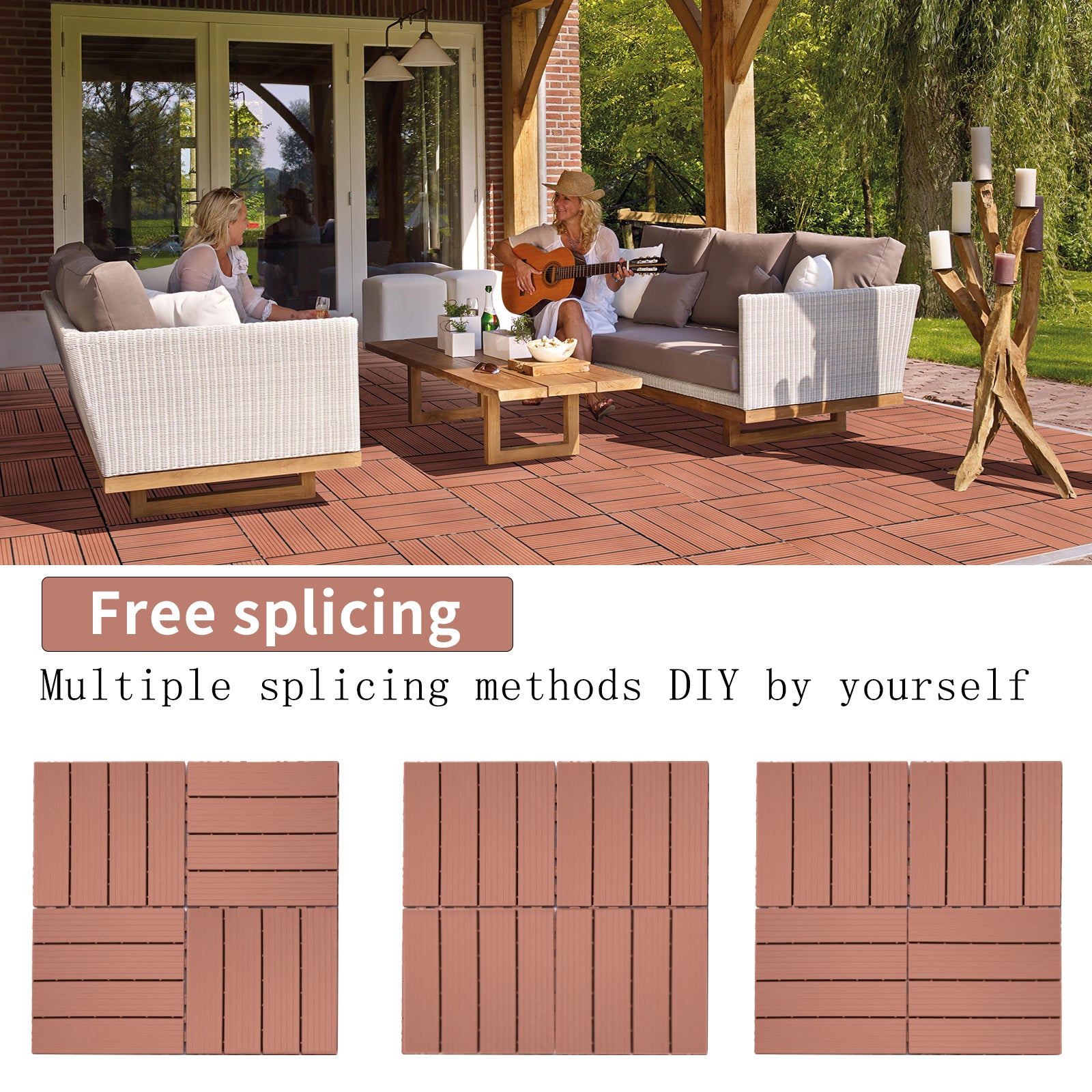 Plastic Interlocking Deck Tiles, 11.8"X11.8" Pack Of 44 , Patio Flooring Outdoor Waterproof All Weather Use For Garden Poolside Front Back Yard, Mahogany Colour Mahogany Plastic