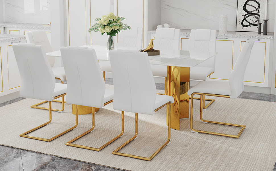 Table And Chair Set.The Table Has A Glass Tabletop With Imitation Marble Pattern Stickers And Stainless Steel Golden Table Legs. Paried With Comfortable Chairs With Pu Seats And Metal Legs. White Gold Seats 8 Glass Metal