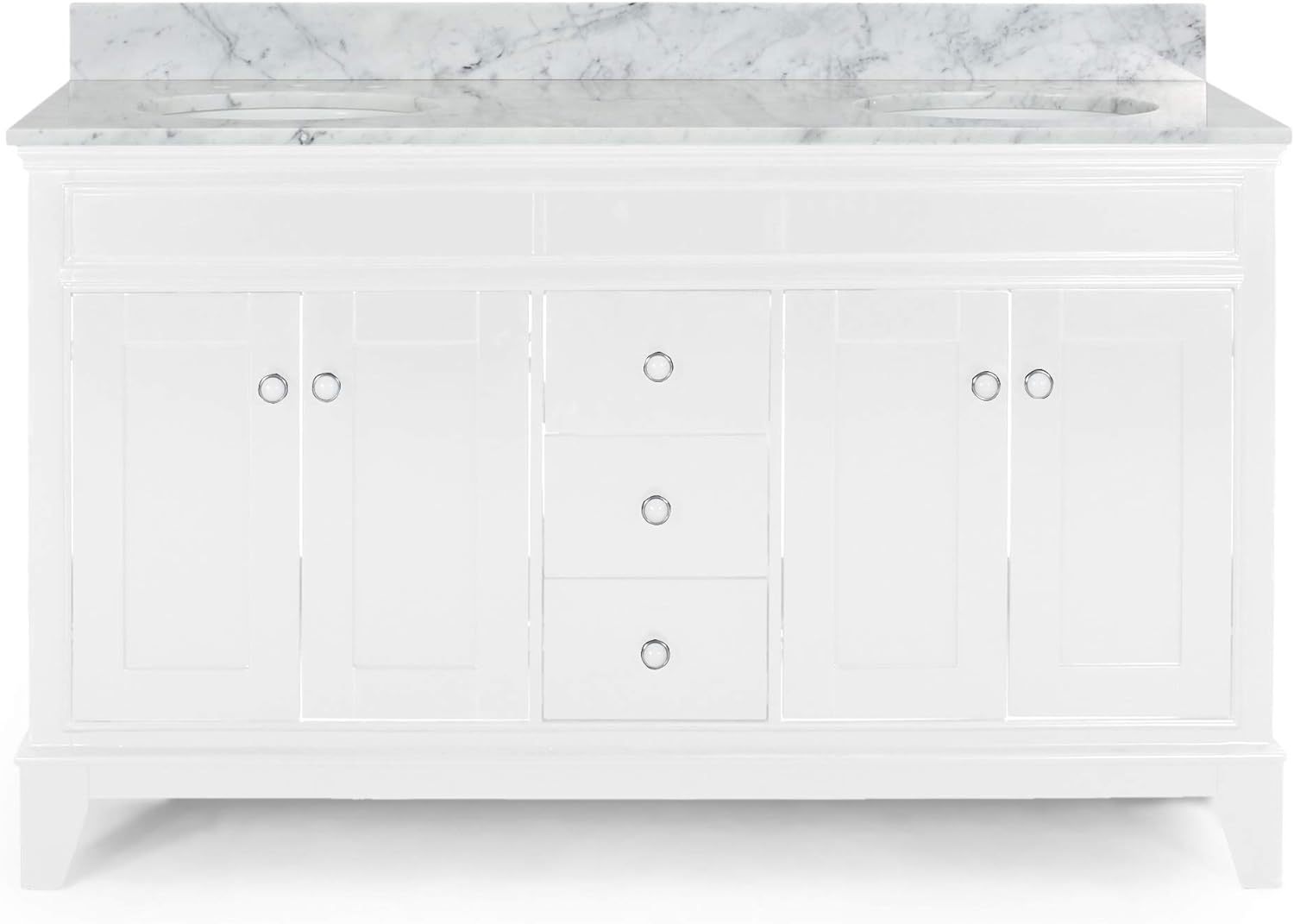 61'' Bathroom Vanity With Marble Top & Double Ceramic Sinks, 3 Drawers, 4 Doors, White White Plywood