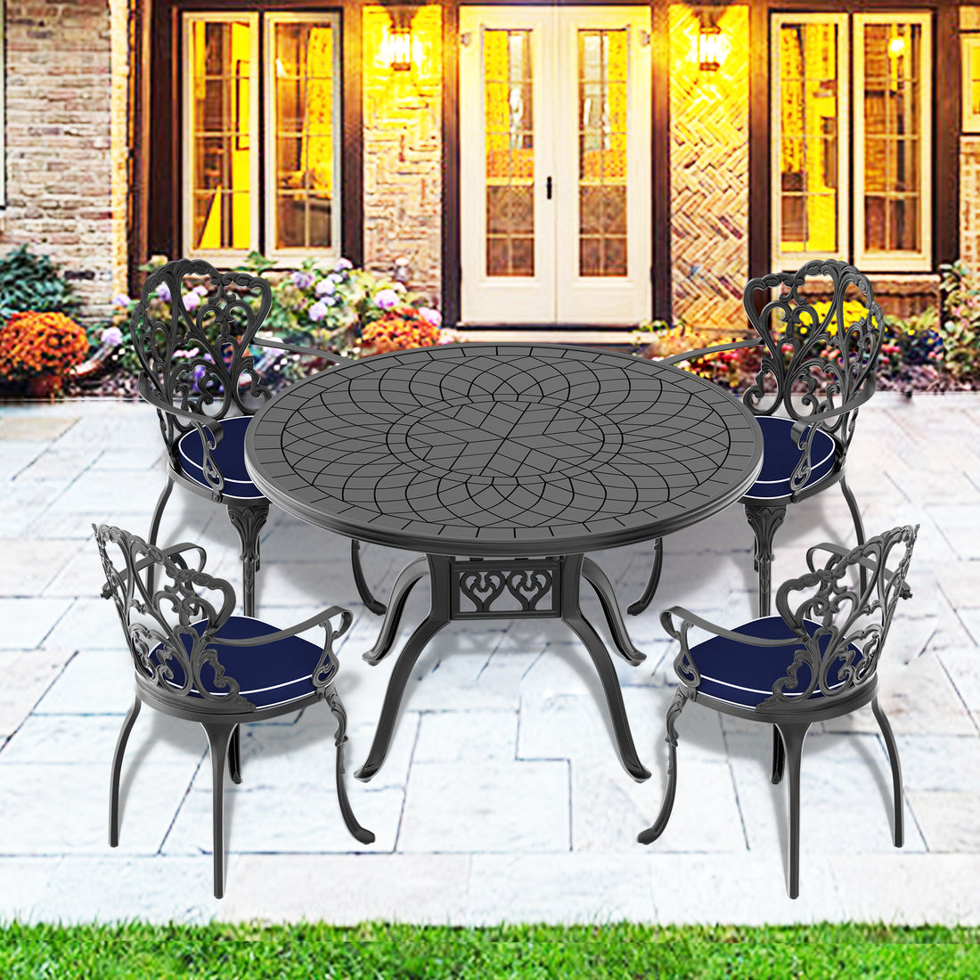 Cushions In Random Colors 5 Piece Set Of Cast Aluminum Patio Furniture With Cushions Yes Dining Set Black Seats 4 Rust Resistant Frame Water Resistant Cushion Garden & Outdoor Complete Patio Sets Aluminium