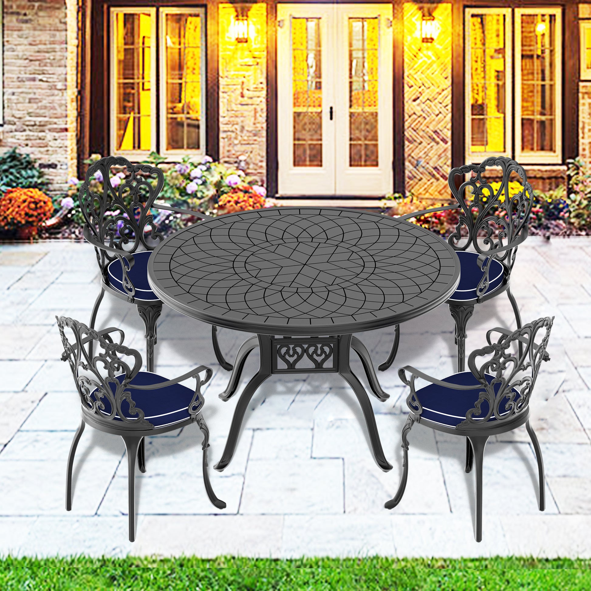 Cushions In Random Colors 5 Piece Set Of Cast Aluminum Patio Furniture With Cushions Yes Dining Set Black Seats 4 Rust Resistant Frame Water Resistant Cushion Garden & Outdoor Complete Patio Sets Aluminium