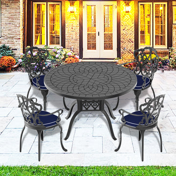 Cushions In Random Colors 5 Piece Set Of Cast Aluminum Patio Furniture With Cushions Yes Dining Set Black Seats 4 Rust Resistant Frame Water Resistant Cushion Garden & Outdoor Complete Patio Sets Aluminium