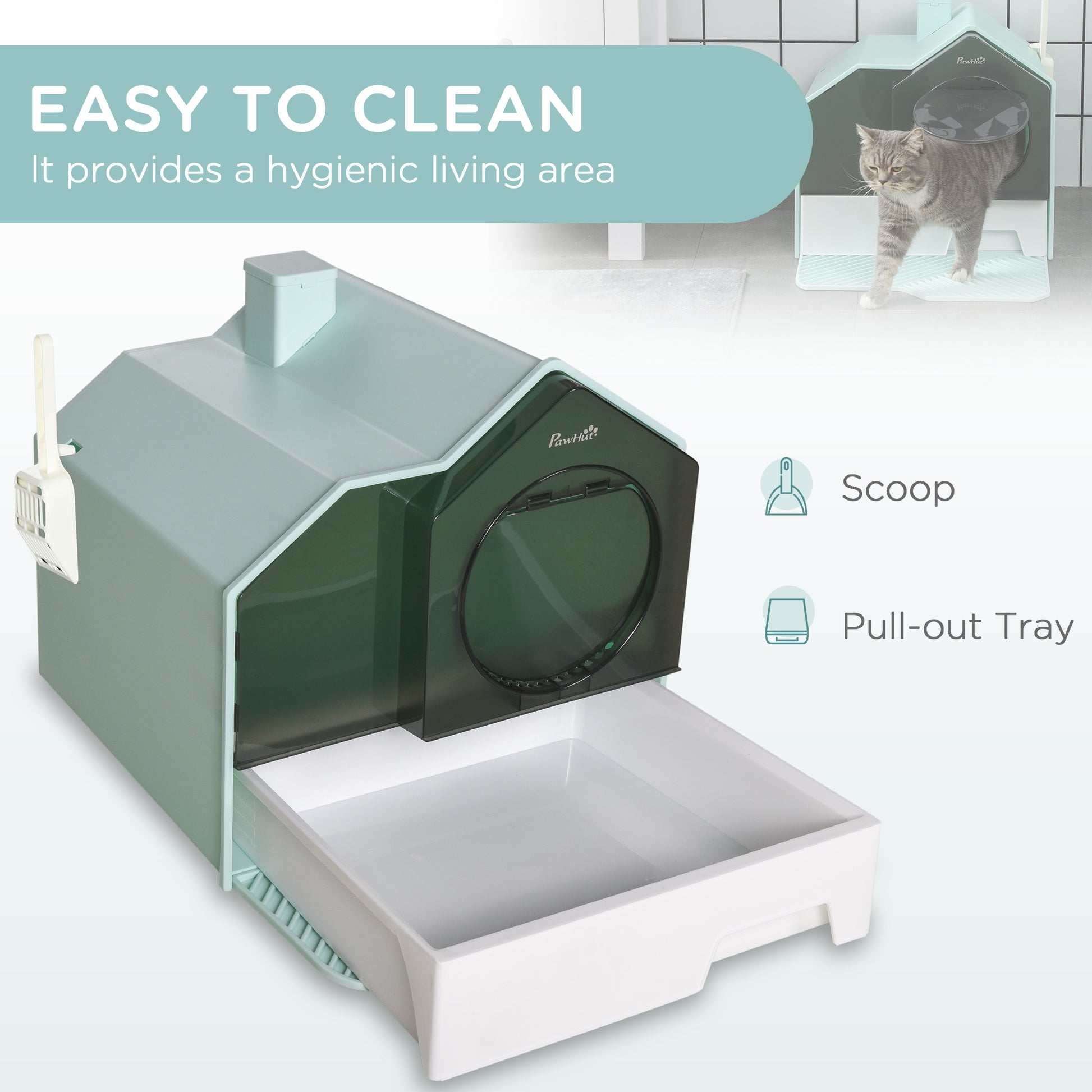 Pawhut Hooded Cat Litter Box With Kitty Litter Mat, Kitty Litter Pan With Odor Control, Easy Clean Pull Out Drawer, Handle, Scoop, Light Blue Blue Polypropylene