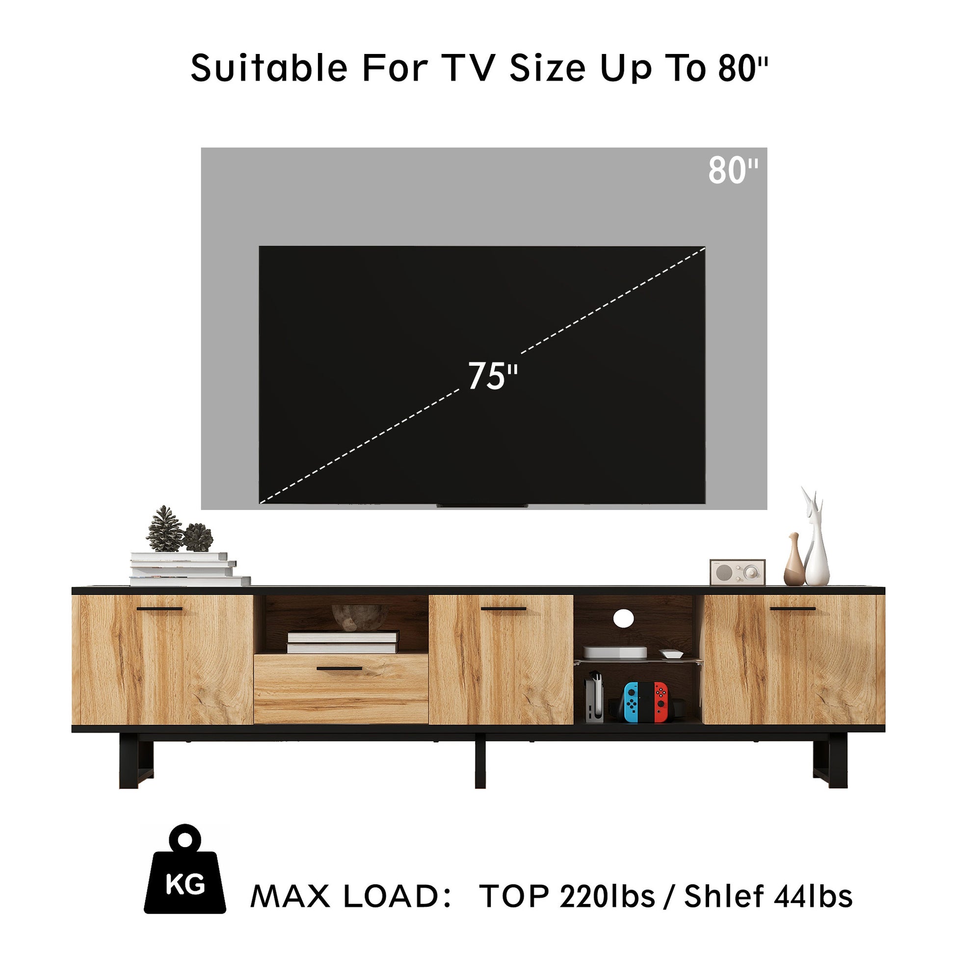 Modern Tv Stand With 4 Cabinets& Open Shelves, Color Matching Media Console Table For Tvs Up To 80'', Entertainment Center With Drop Down Door For Living Room, Bedroom, Home Theatre Wood Brown Primary Living Space 70 79 Inches 70 79 Inches Modern 65