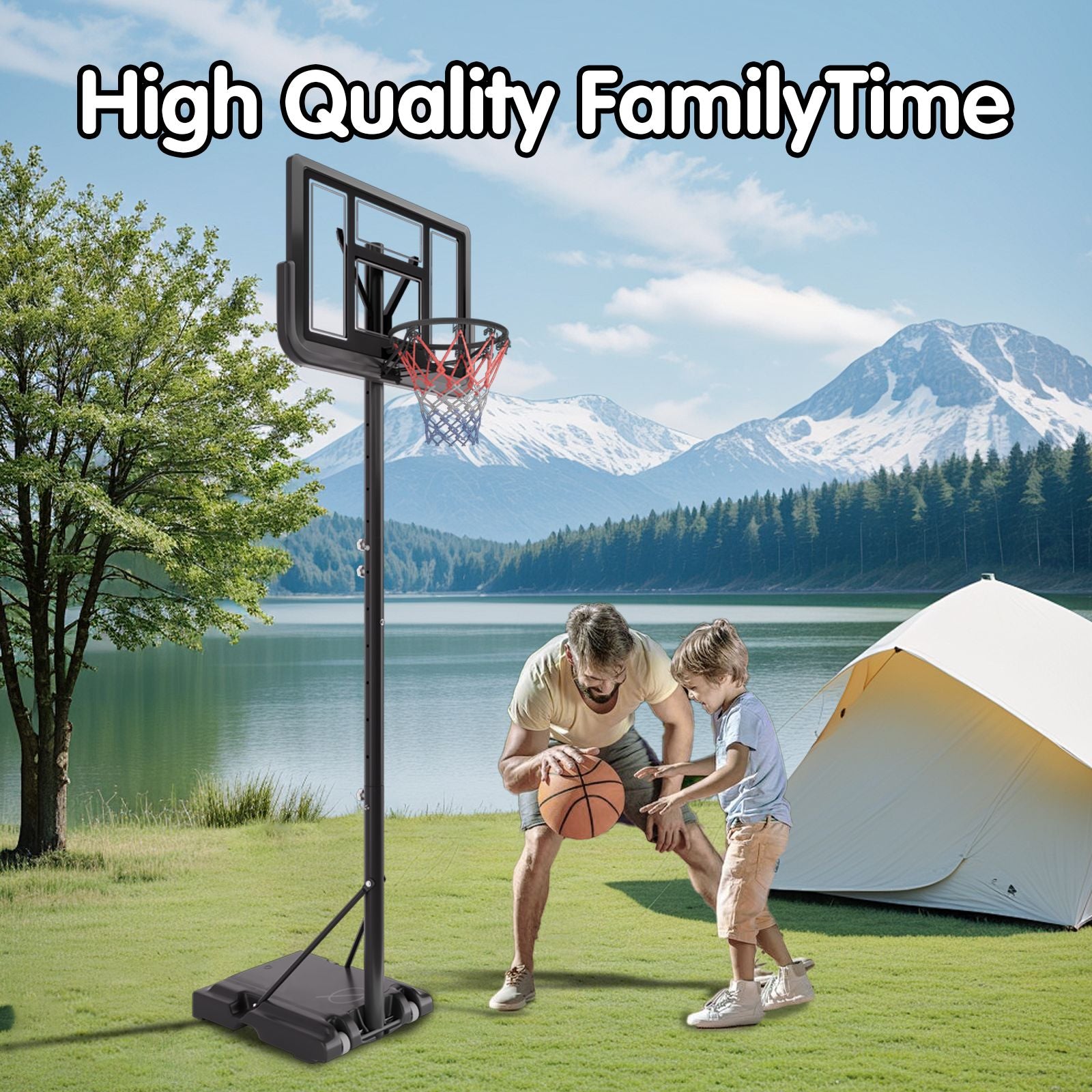 Basketball Hoop Basketball System 4.76 10Ft Height Adjustable With 4 Basketball, Net Pocket, Inflator Set Black Metal