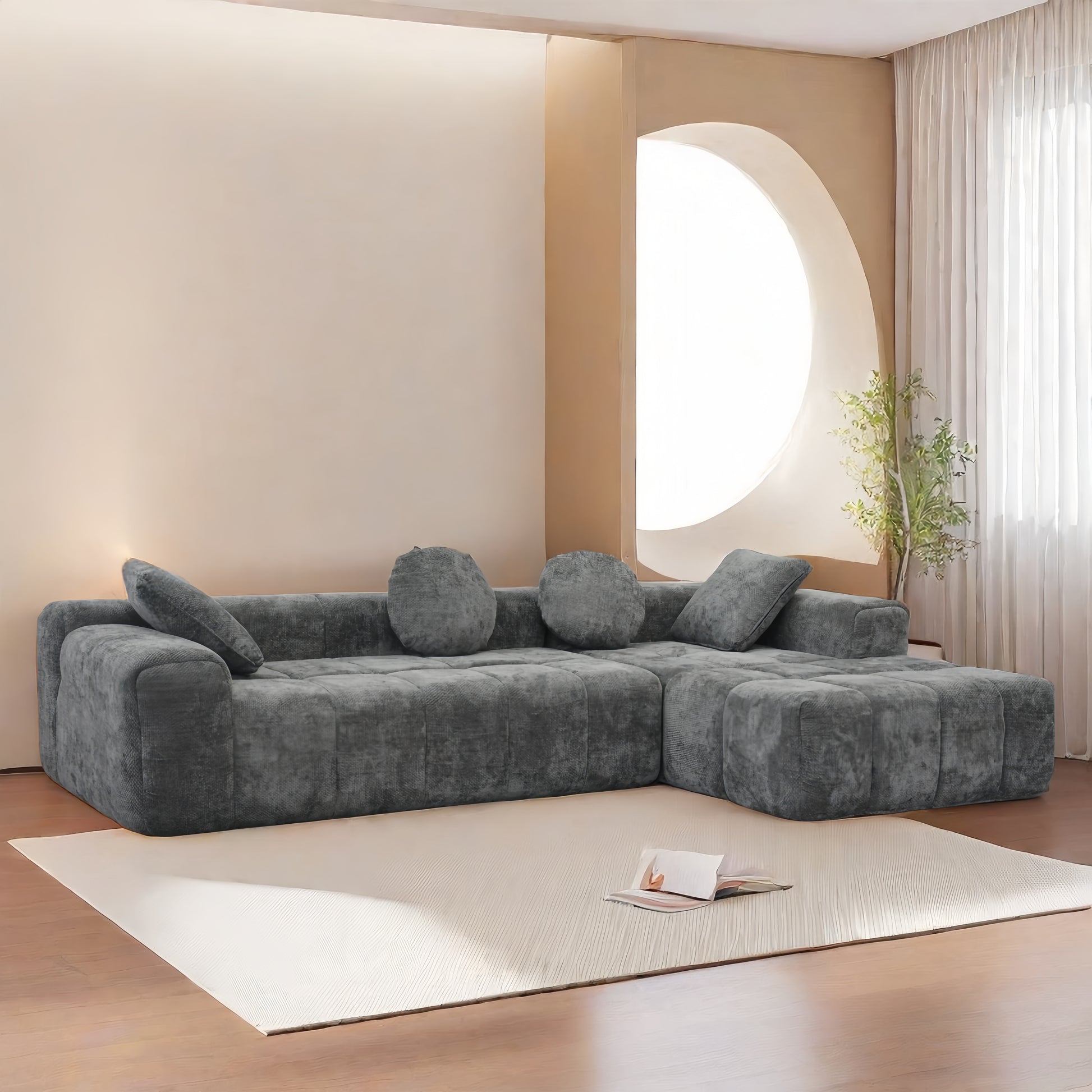 L Shaped Modular Modern Compressed Gray Sofa,Comfy Corduroy Fluffy Couch With Deep Seat,No Assembly Required Couch For Living Room Gray Linen Wood Primary Living Space Soft Cushion Back Extra Heavy